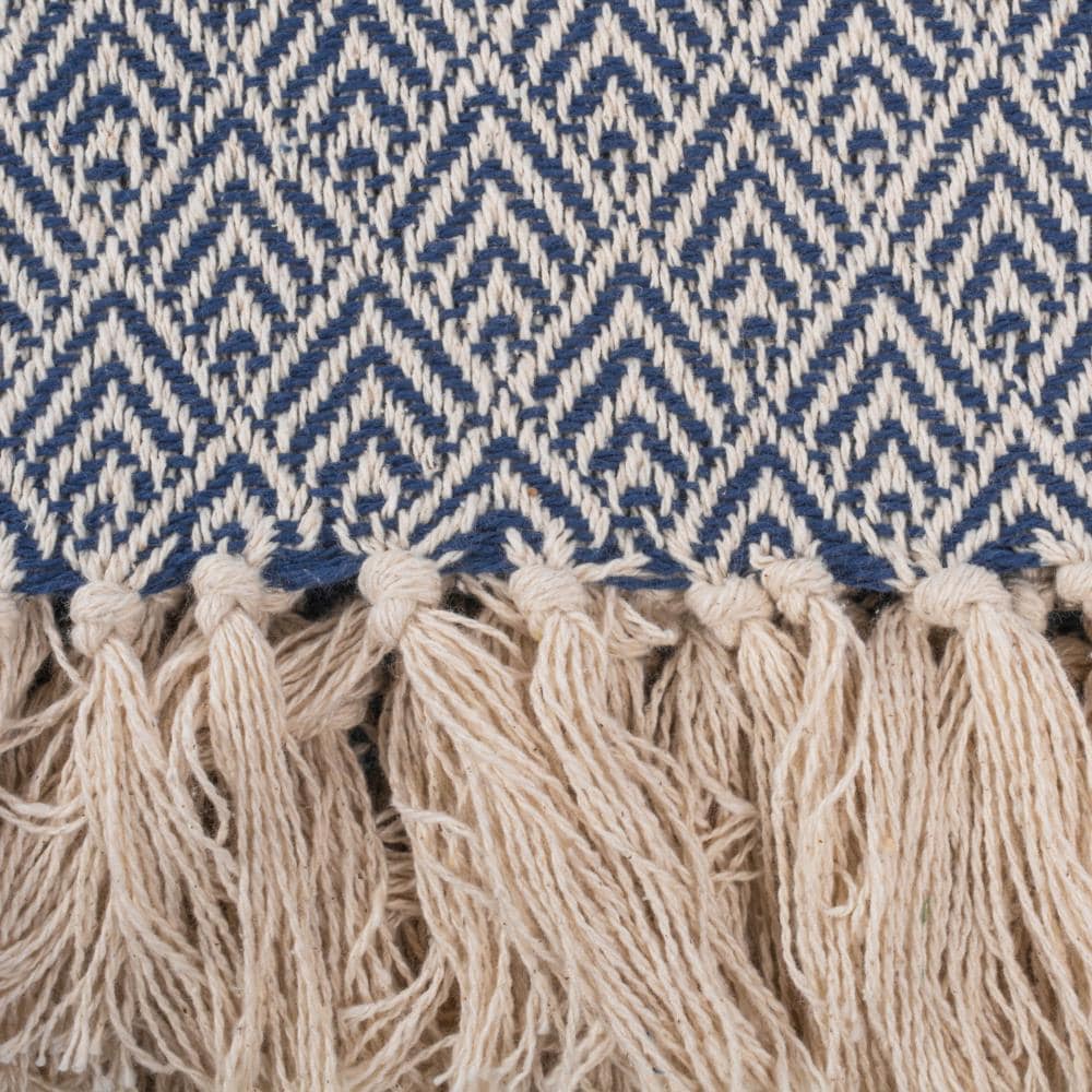 Nautical Blue Cotton Diamond Throw Blanket with Fringe