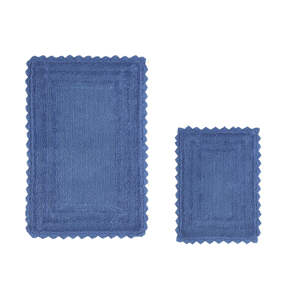 Blue Cotton Tufted Reversible Crochet Bath Rug Set