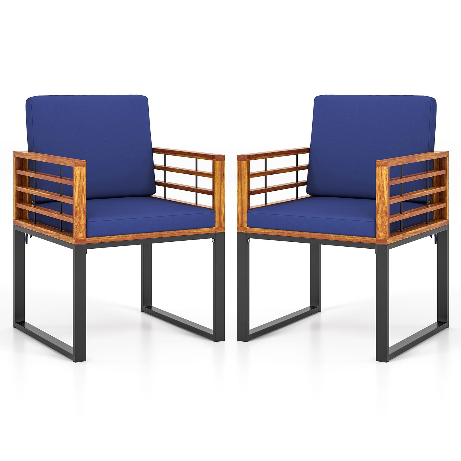 Slickblue D-CO-22-YN66327WH Navy Cushioned Acacia Wood 2 Piece Black Metal Frame Patio Dining Chair Set for Porch or Deck