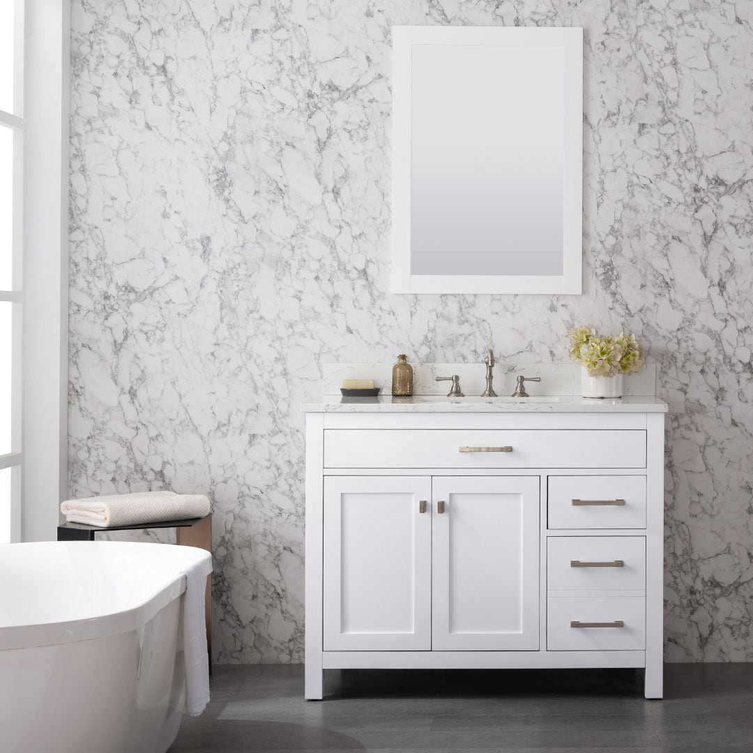 Sudio Design JASPER-42W JASPER 42-in White Undermount Single Sink Bathroom Vanity with Carrara White Engineered Stone Top