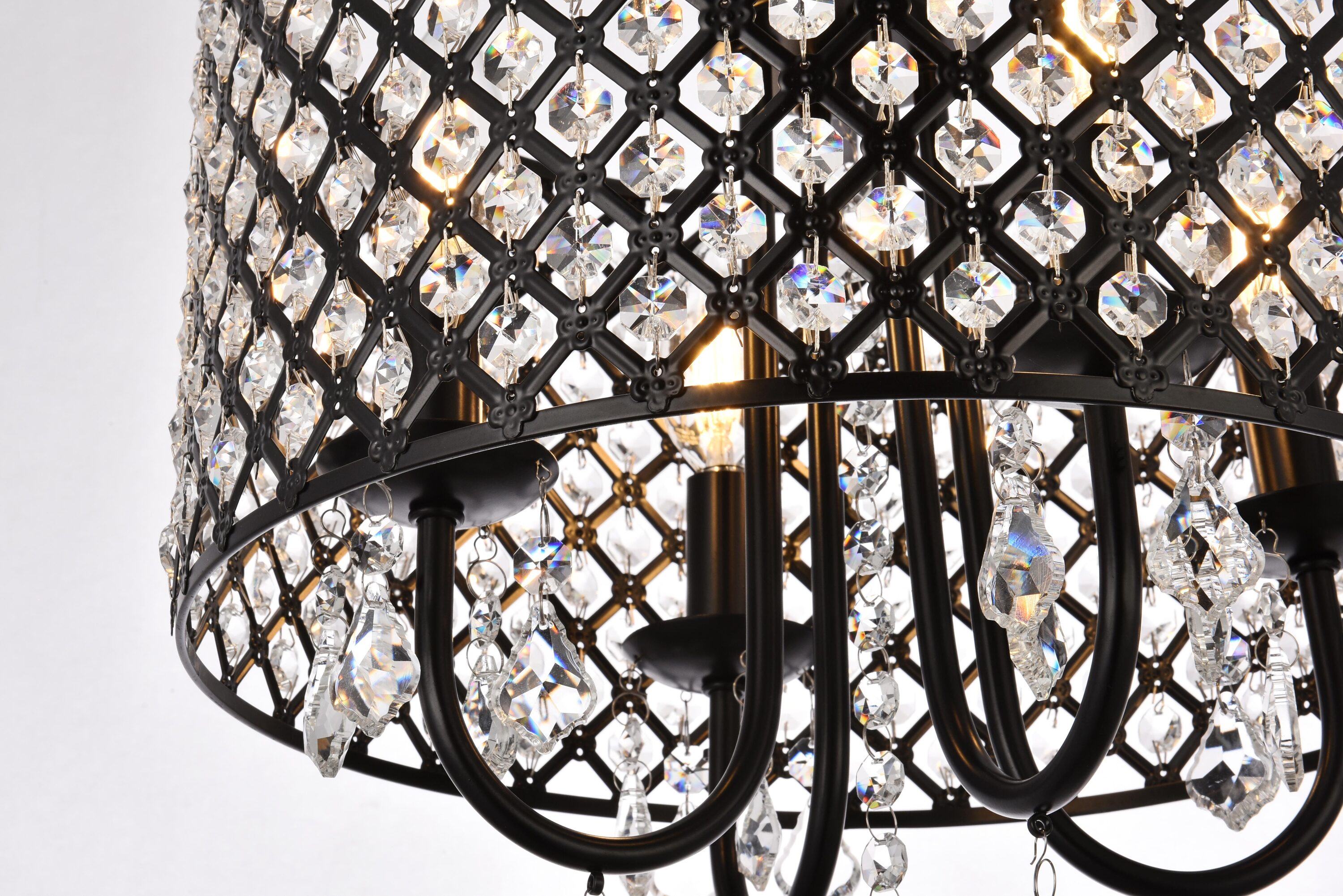 Elegant Crystal and Iron Black Drum Pendant with Lattice Shade