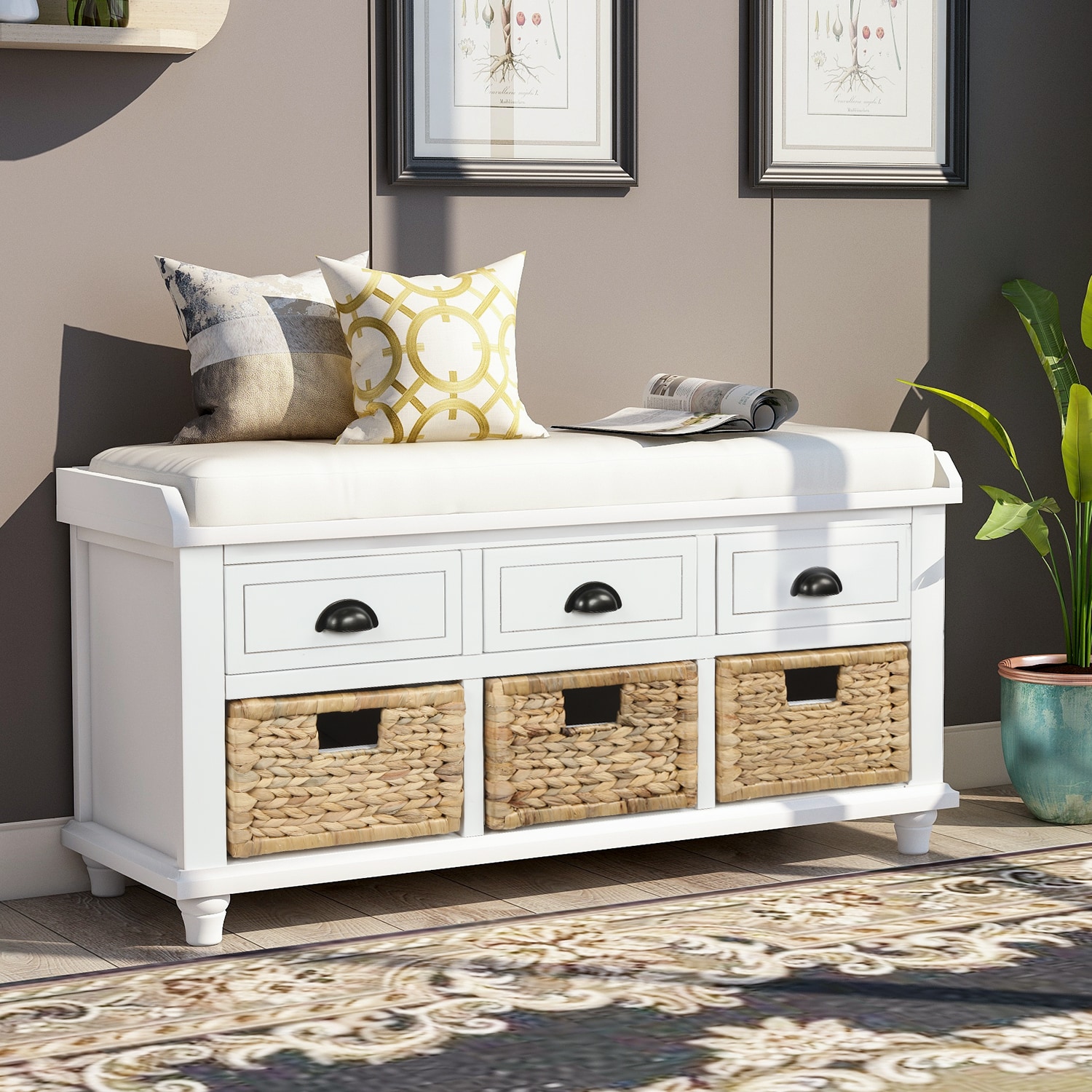 Mondawe Rustic White Storage Bench 42.1-in x 15.4-in x 18.7-in