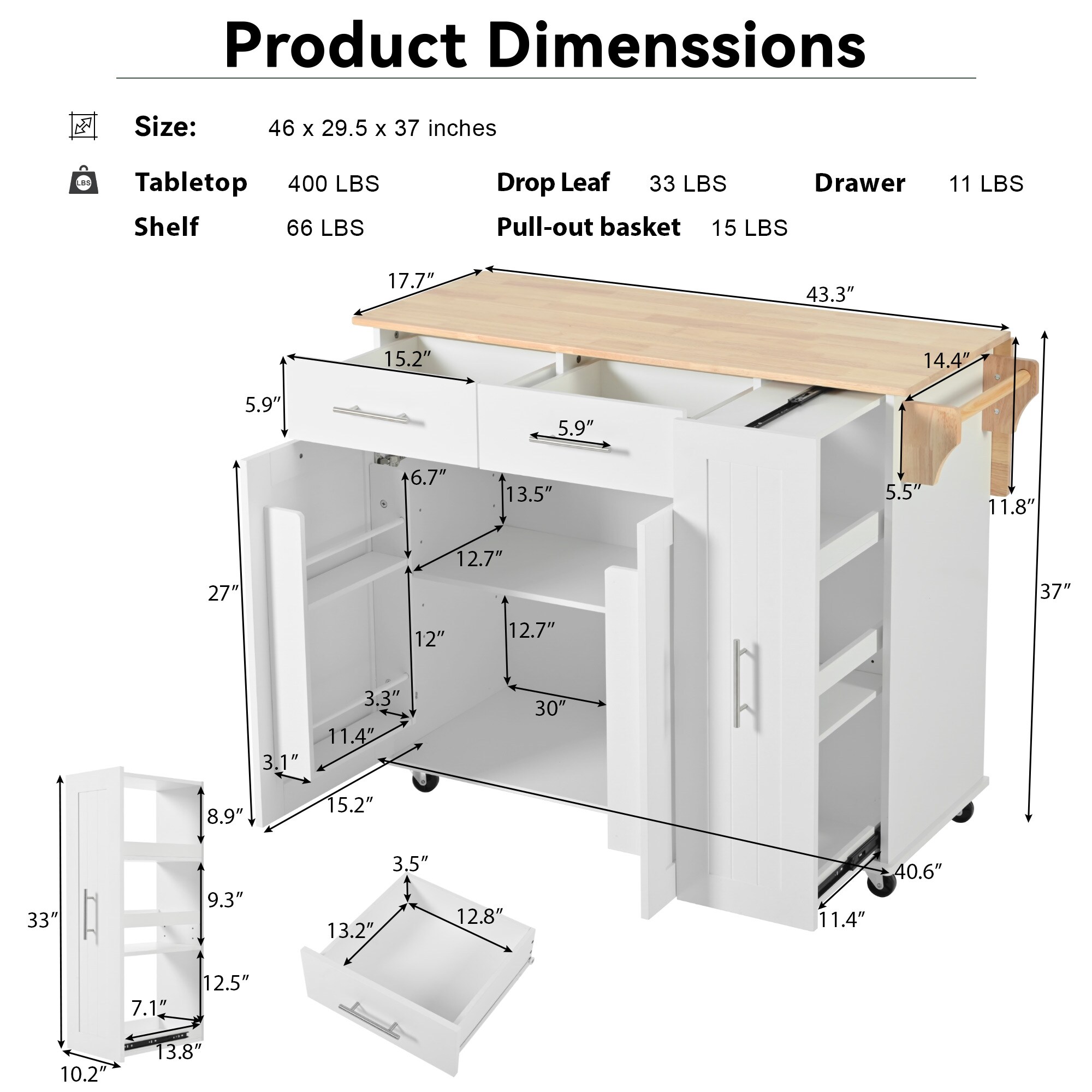 Kahomvis White Mdf Base with Wood Top Rolling Kitchen Island (17.7-in x 43.3-in x 37-in)
