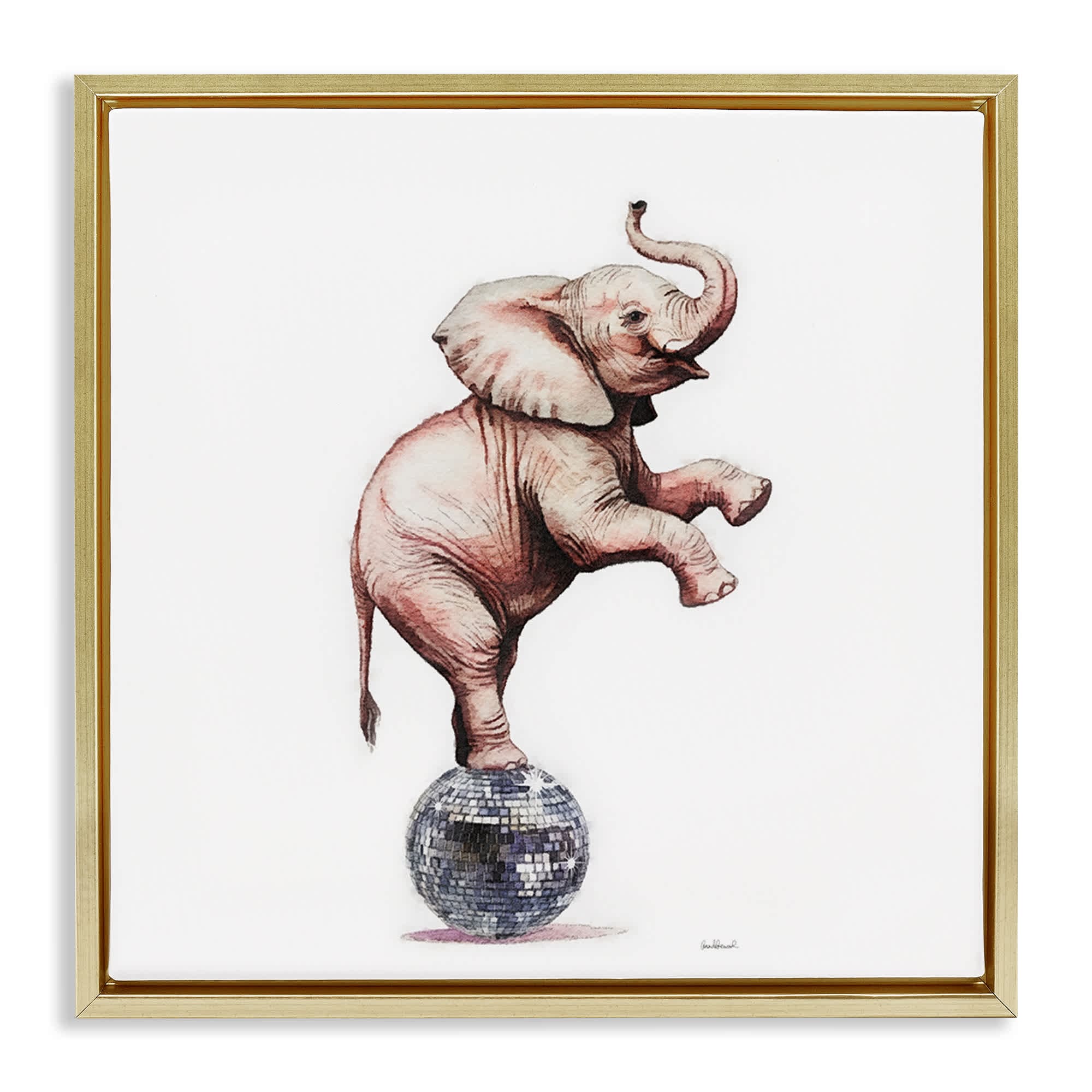 Stupell Industries BS-110-FFG-17X17 Elephant on Disco Ball Gold Framed Floater Canvas Wall Art By Amanda Greenwood 18 x 18