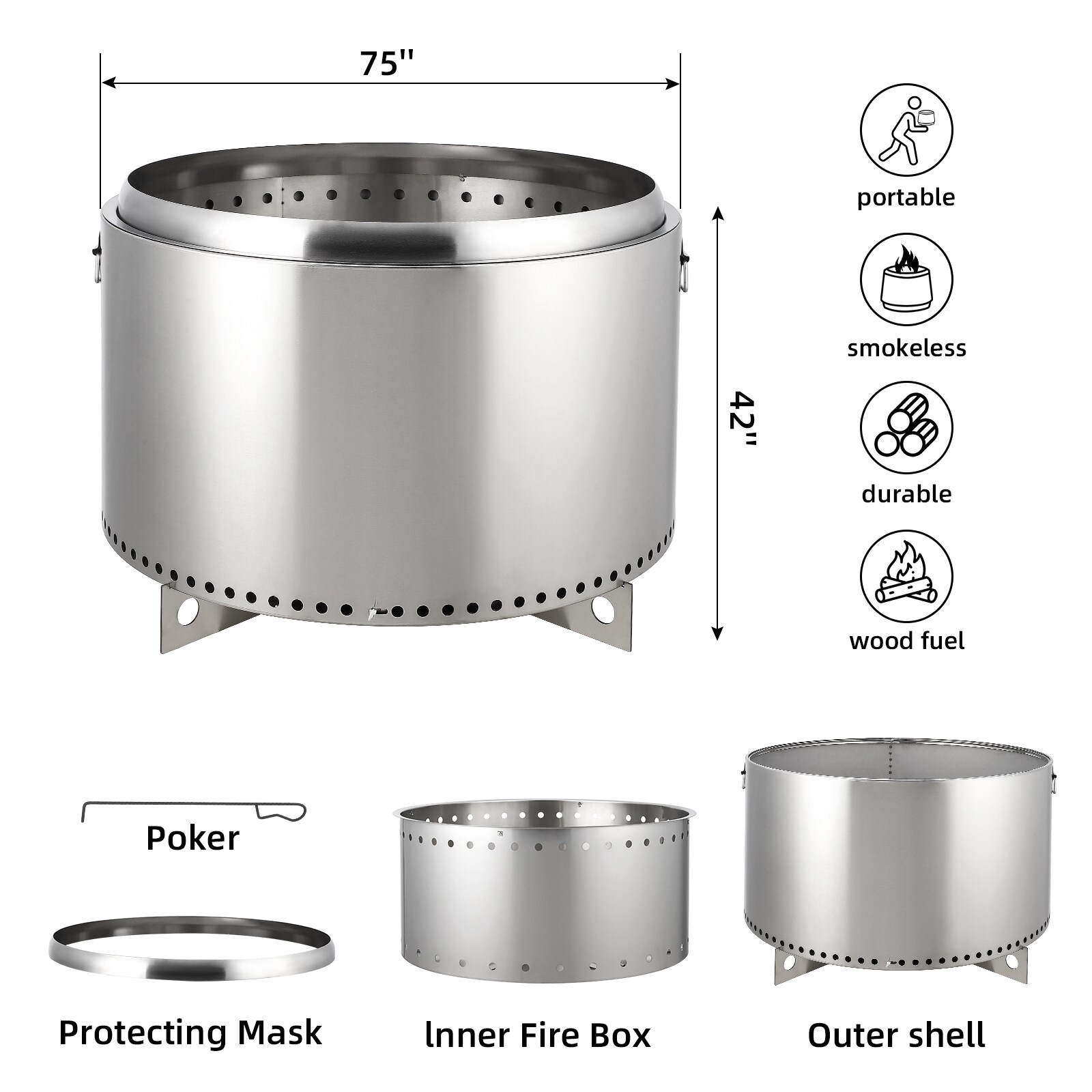 IdealHouse 27 Inch Large Smokeless Stainless Steel Outdoor Fire Pit 360 ...