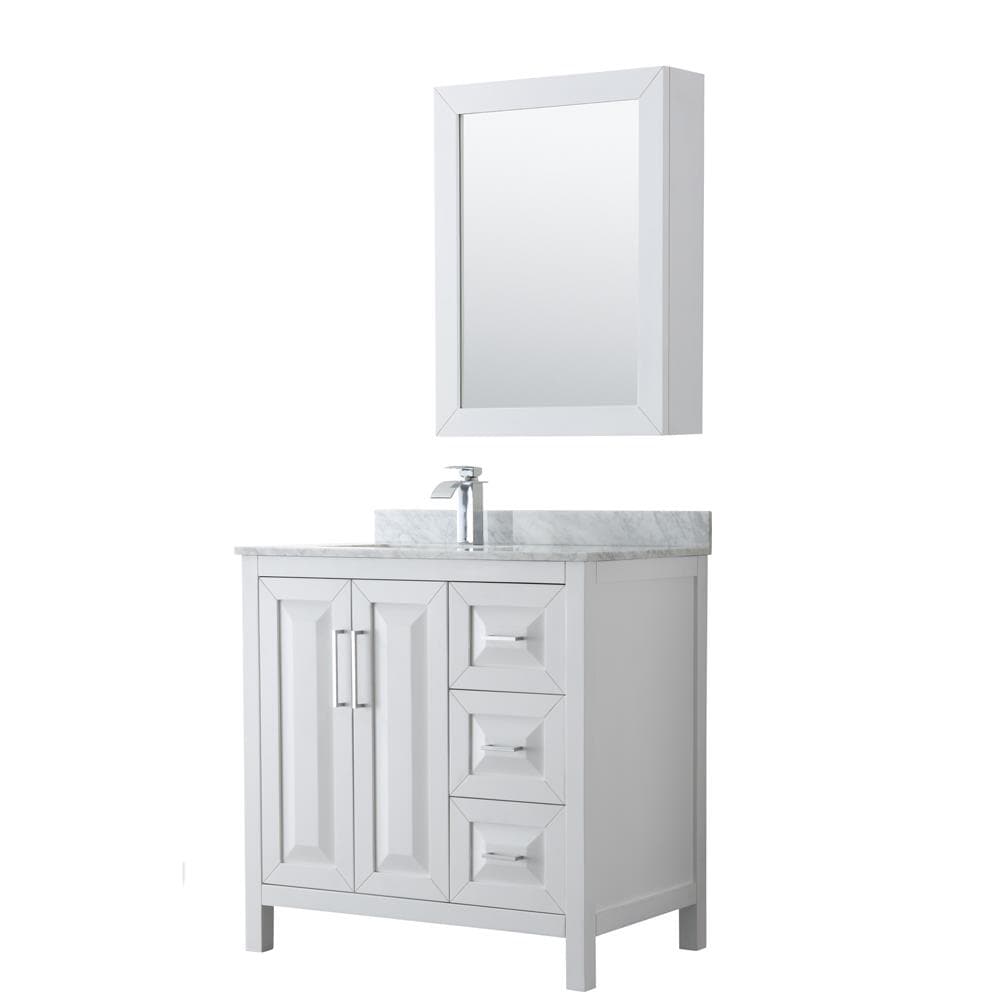 Wyndham Collection WCV252536SWHCMUNSMED Daria 36-in White Undermount Single sink Bathroom Vanity with White Carrara Marble Natural marble Top (Mirror Included)