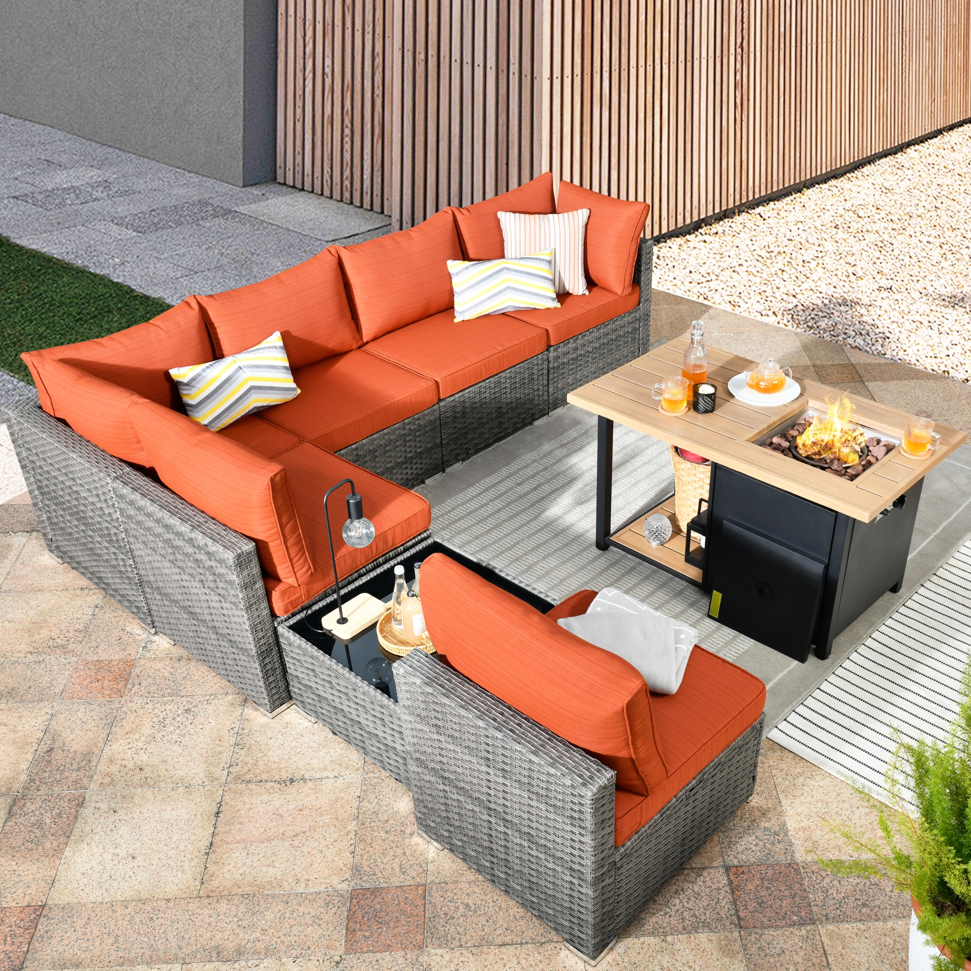 XIZZI XIHOPS804-DFP Sunrise Rattan Outdoor Sectional with Orange Cushions and Steel Frame