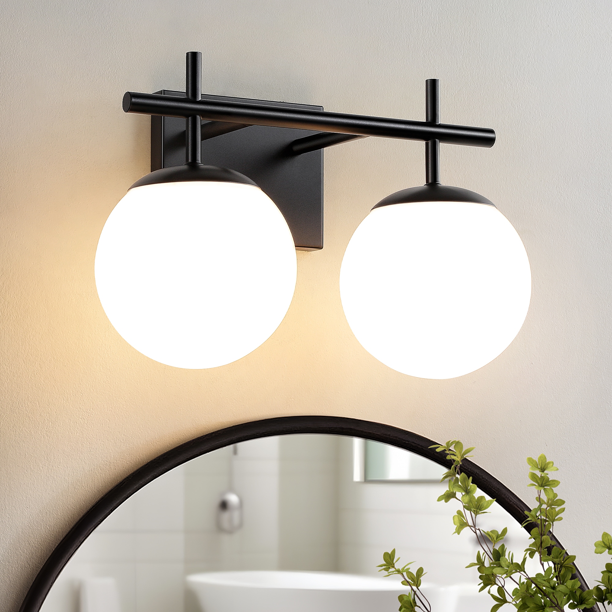 KAISITE Mid-Century Farmhouse Black Bathroom Light Fixture - 2-Light Vanity Over Mirror with Milky White Frosted Glass Shade - E26 Bulb Not Included