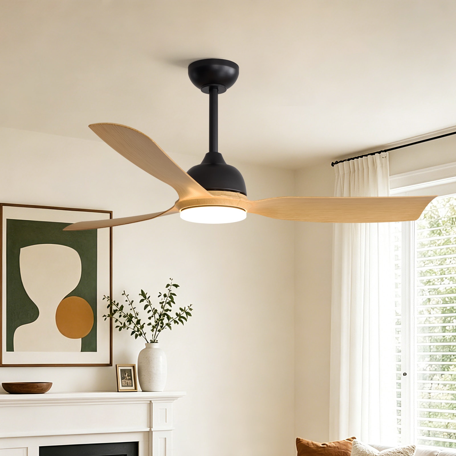 SILJOY - 52-in Modern Natural Wood Look Ceiling Fan with Integrated LED Light Remote Control Incl...