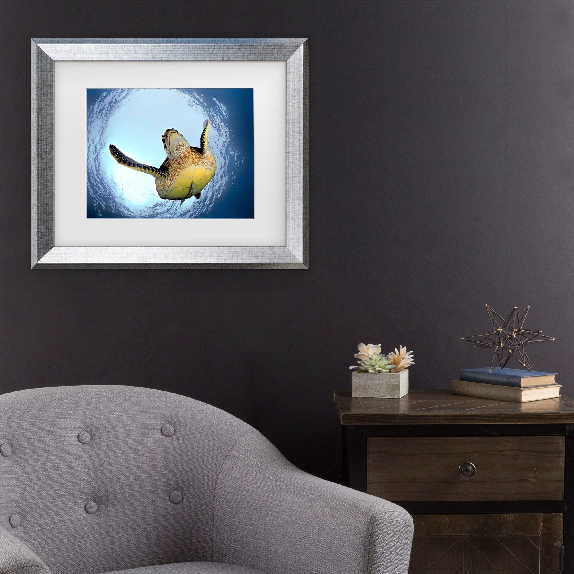 Silver Framed Green Turtle Canvas Print for Kids' Nursery