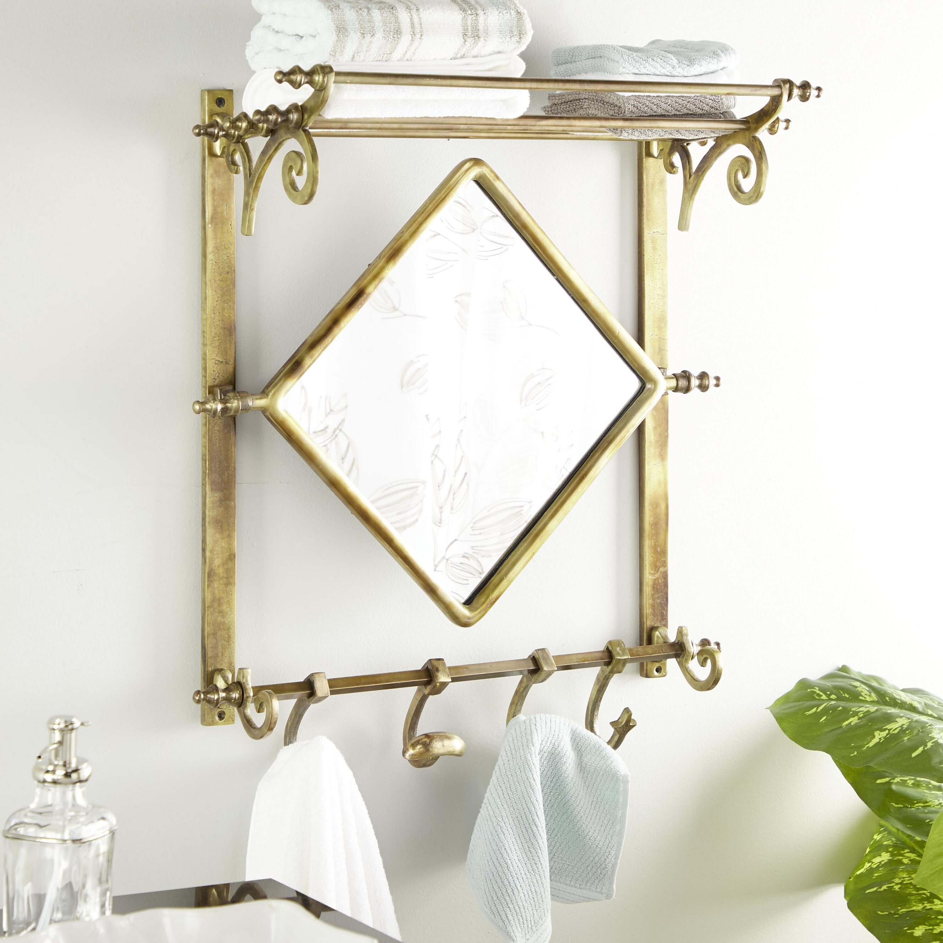 Grayson Lane 29252 26-Inches L x 10-Inches D x 30-Inches H Brass with Hooks Aluminum Rectangular Floating shelf