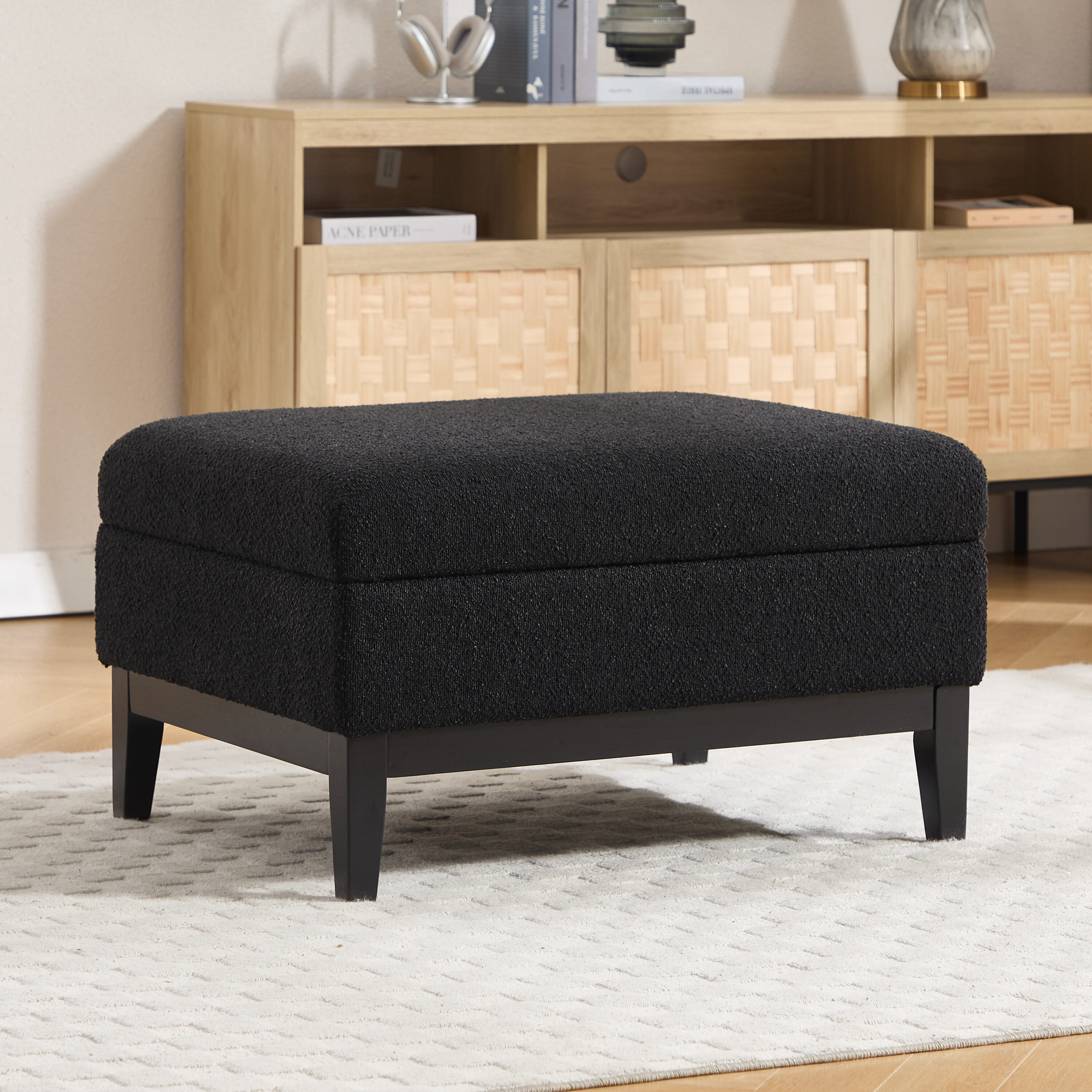 Hrinhom Modern Black/Black Legs Boucle Storage Ottoman