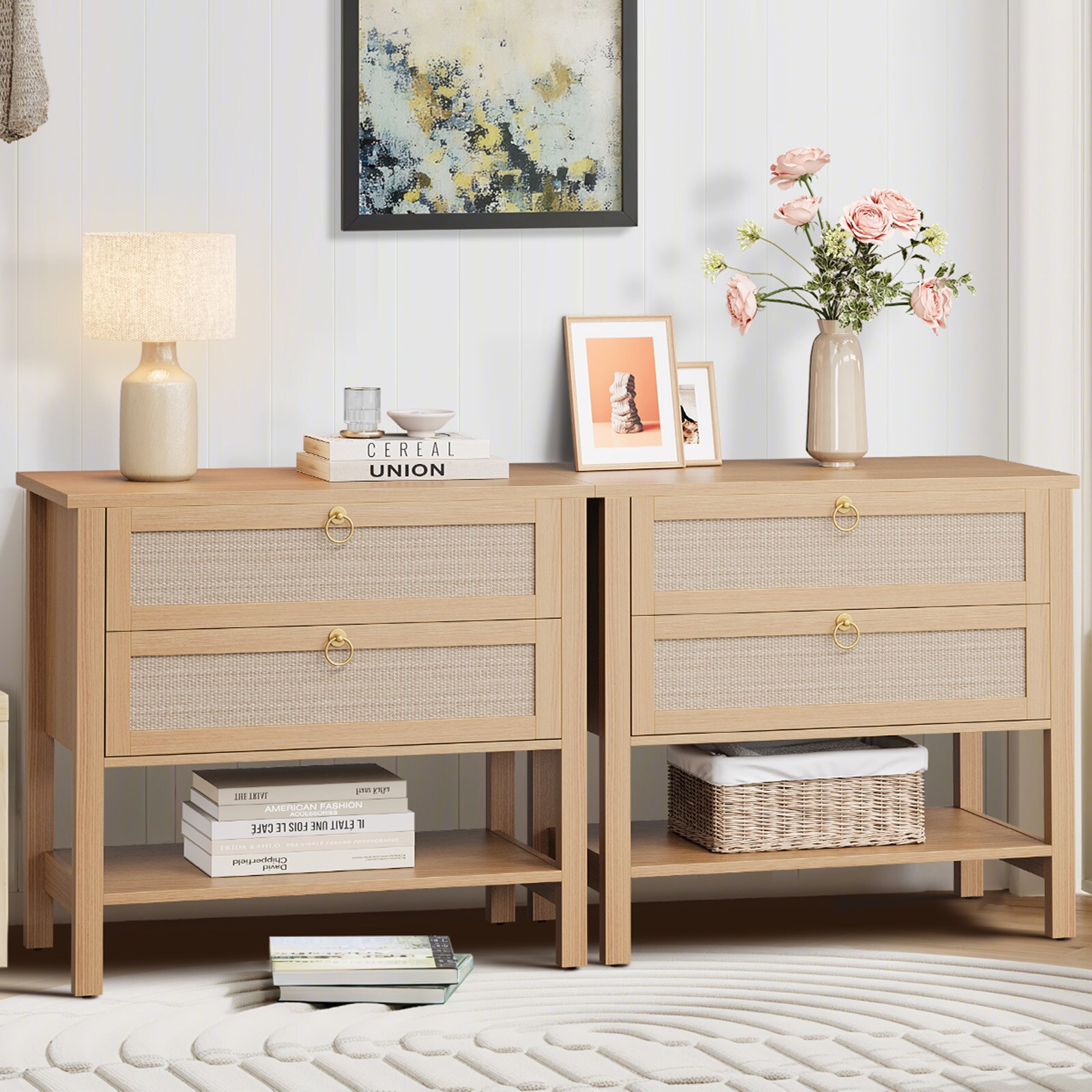 Garvee Rattan Nightstand Set of 2 Modern Bedside Table with 2 Drawers ...