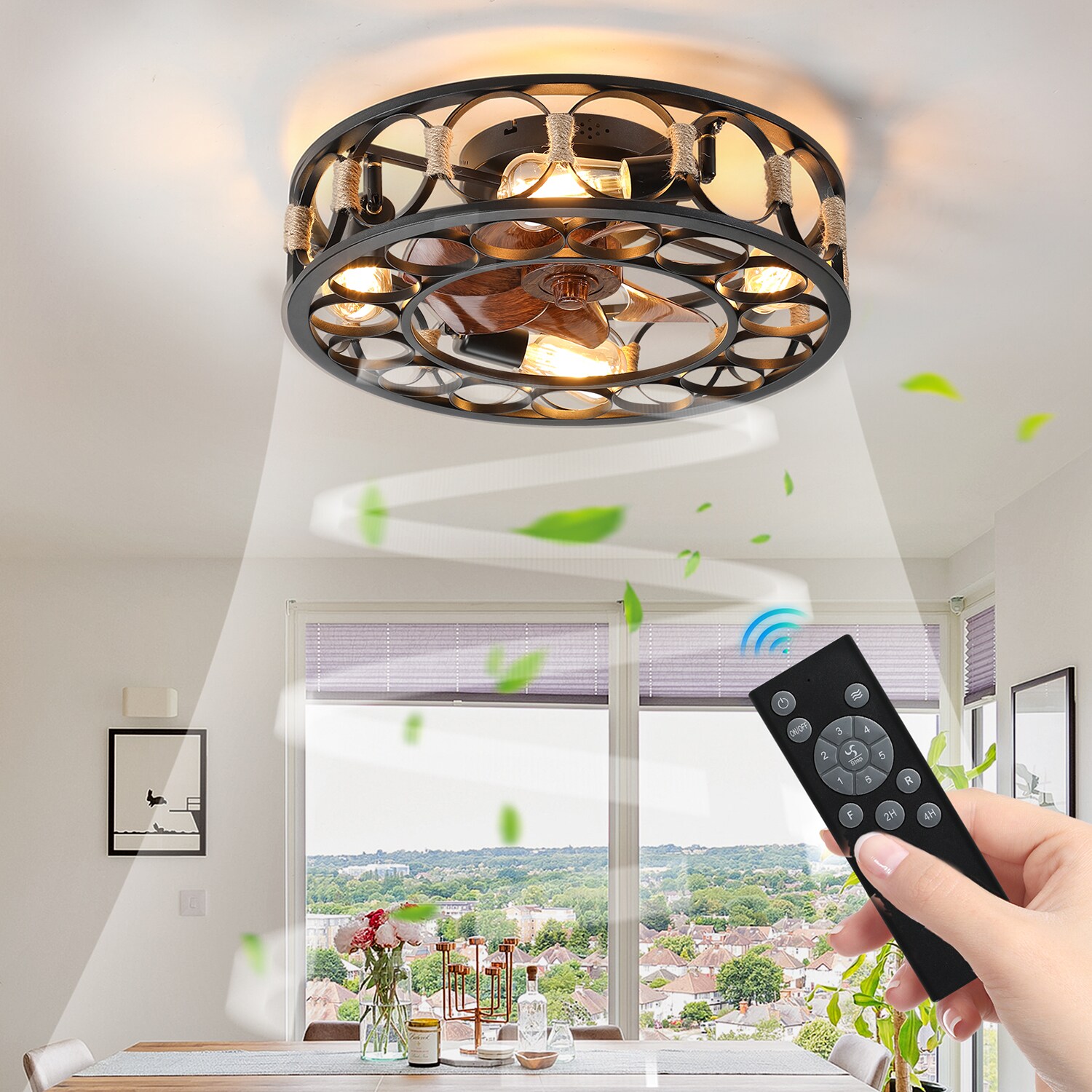 SINOFURN 20-in Black Indoor Flush Mount Fandelier Ceiling Fan and 