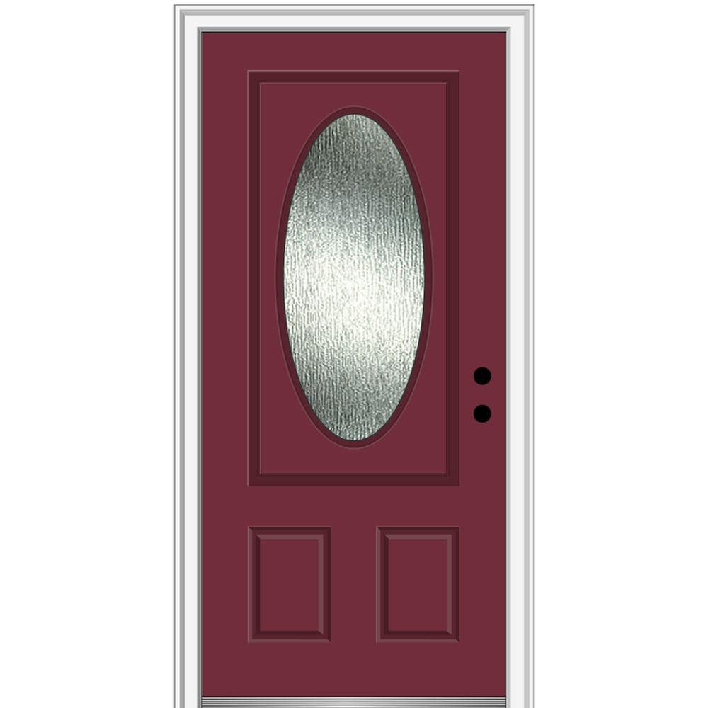MMI DOOR ZZ367844L Rainglass 36-in x 80-in x 4-9/16-in Fiberglass Oval lite Left-hand inswing Burgundy Painted Prehung Front Door with Brickmould Solid core