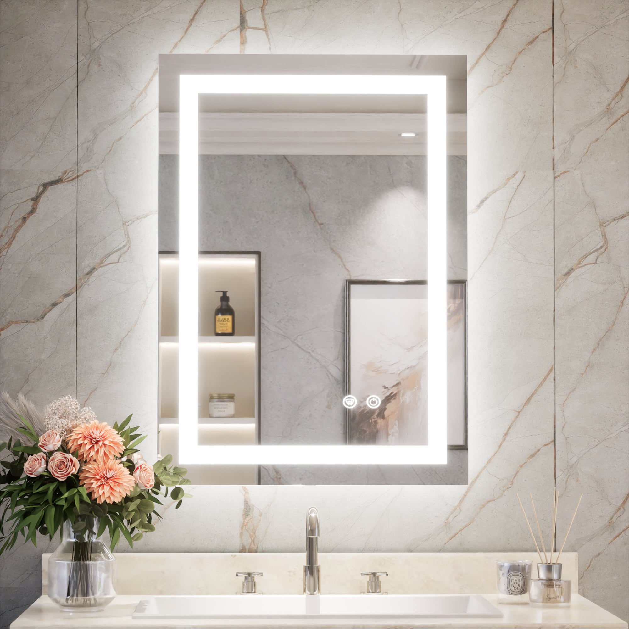 Keonjinn LW-ZBGFXFJ-5171F Bathroom Mirrors 20-in x 28-in Polished Frameless Rectangle Dimmable LED Lighted Fog Free Bathroom Vanity Mirror ( Silver )
