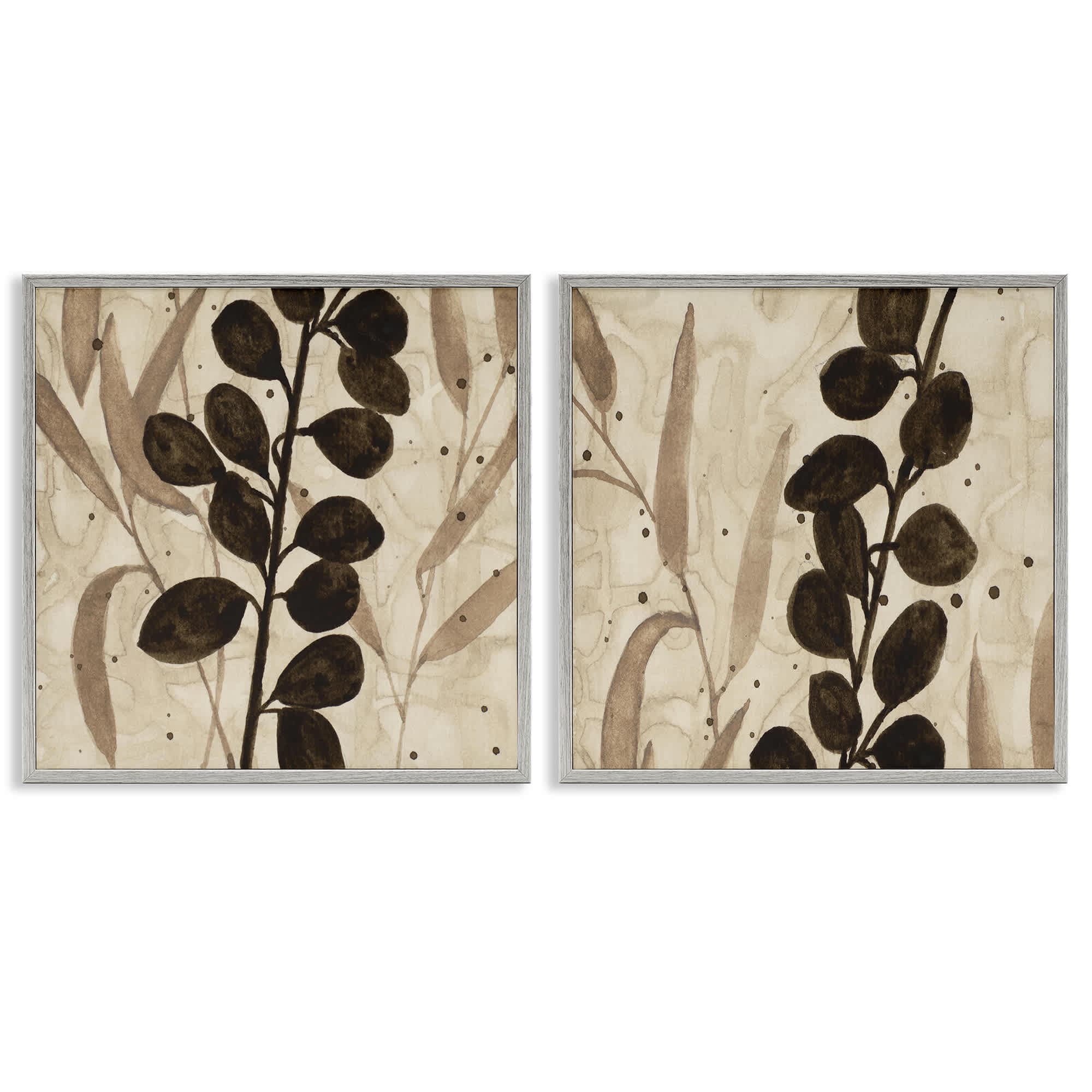 Stupell Industries B2-815-GFF-2PC-17X17 Natural Tone Sprouting Leaves 2pc Framed Giclee Set design by Krinlox