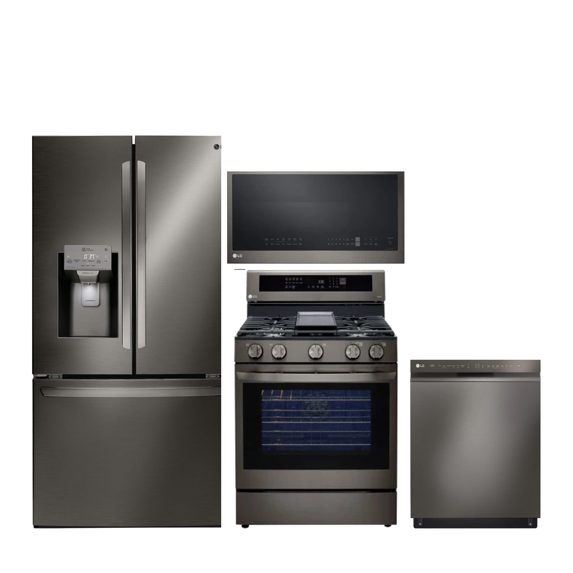 French Door Refrigerator with Dual Ice Maker, InstaView Gas Air Fry Range, Dishwasher and Over-the-Range Microwave Kitchen Appliance Package, Black Stainless Steel
