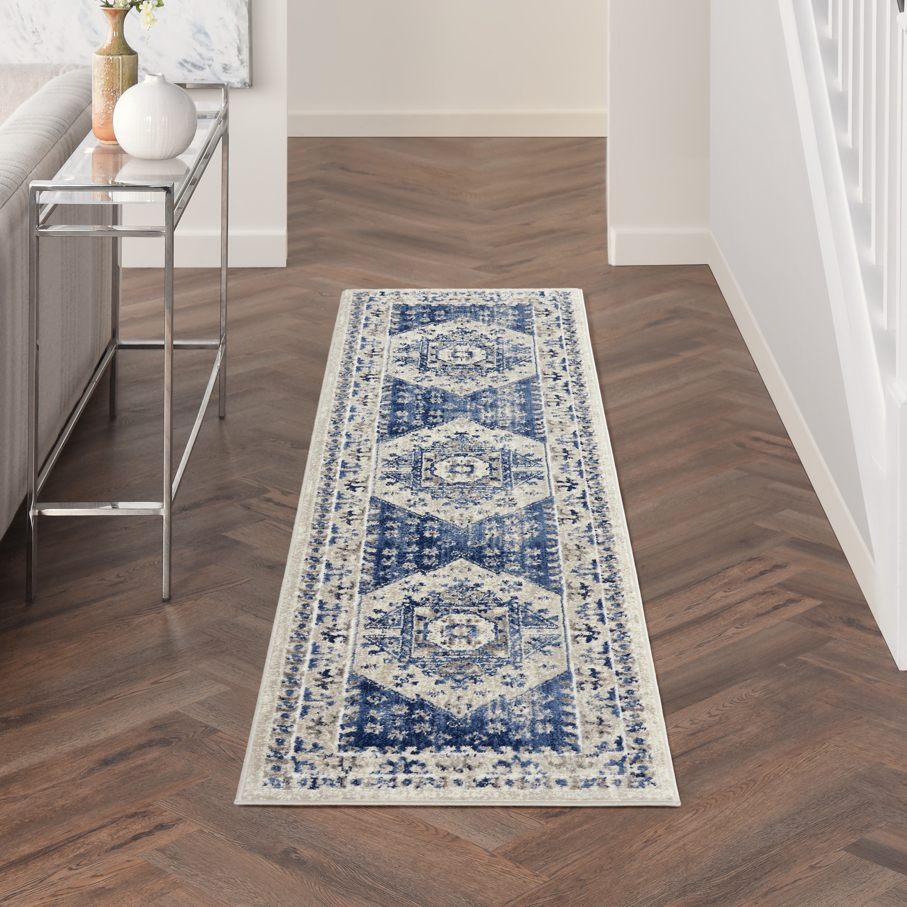 Nourison 99446795854 Cyrus 2 x 7 (ft) Loomed Polypropylene Ivory blue Rectangular Indoor Vintage Area rug