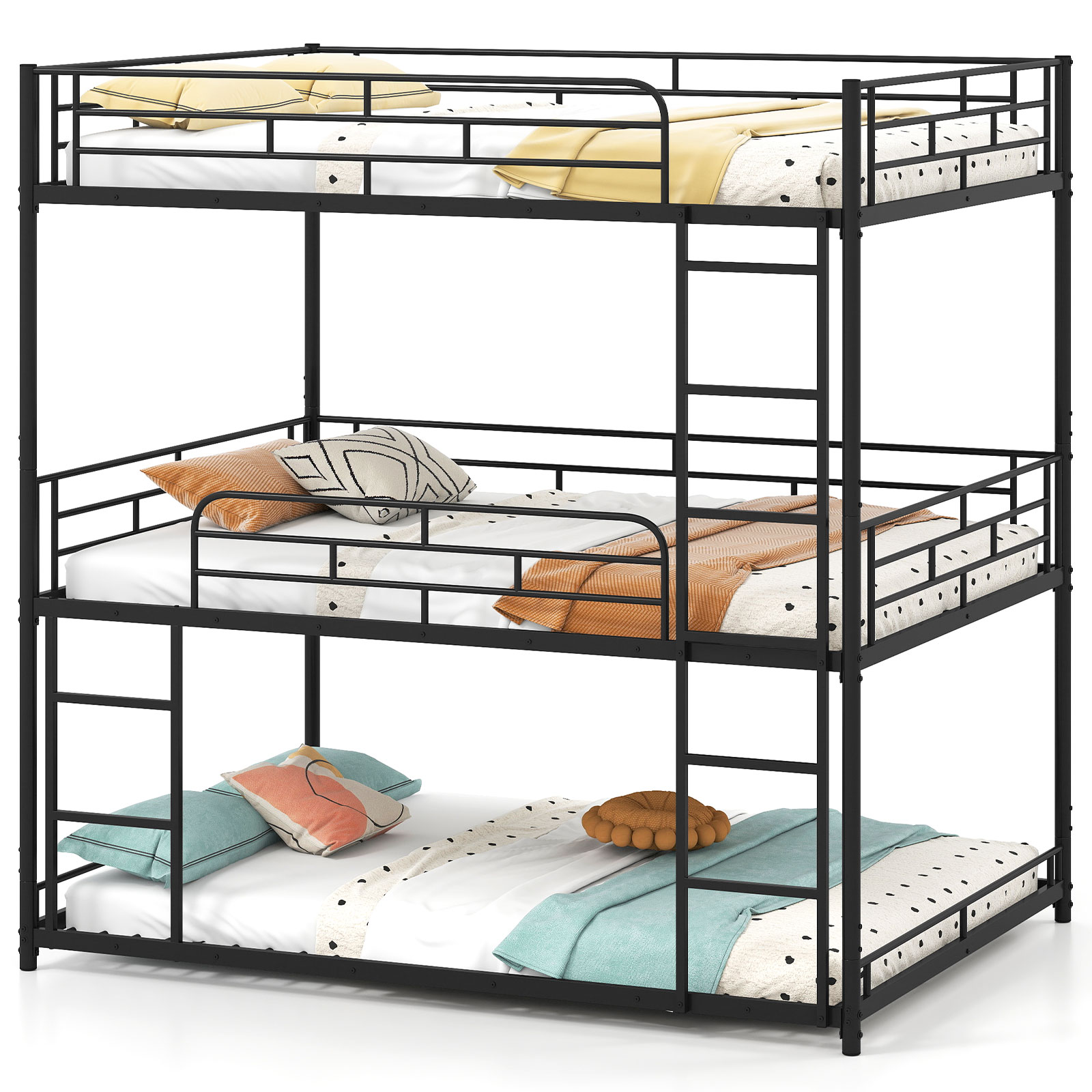 Volenca Full-over-Full-over-Full Metal Triple Bunk Bed with 2 Ladders and Full-Length Guardrails 660-lb