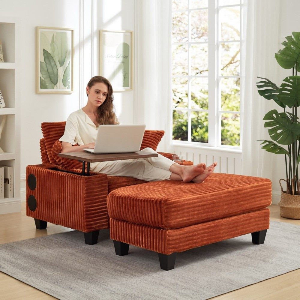 Coolbibila OMAR-CHAIR-ORANGE Orange Corduroy Single Sofa with Storage Ottoman and Rotating Table for Living Room or Apartment