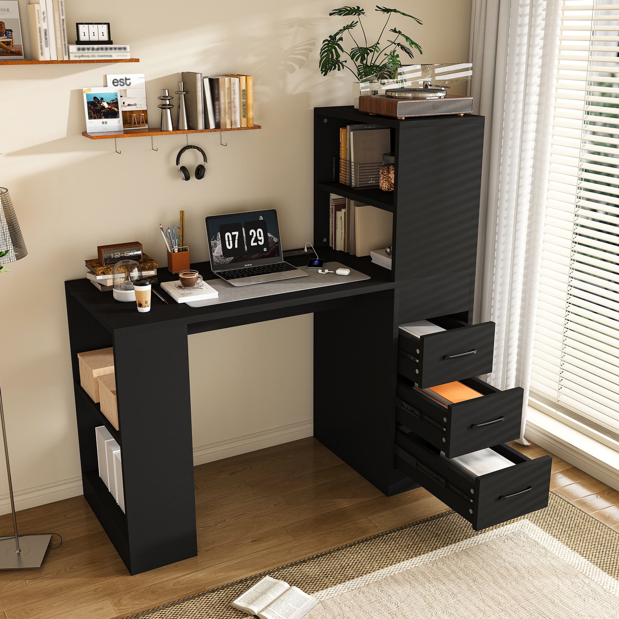 JUSHUA Black Computer Desk with 4 in 1 Charging Socket 3 Drawers and 4 ...