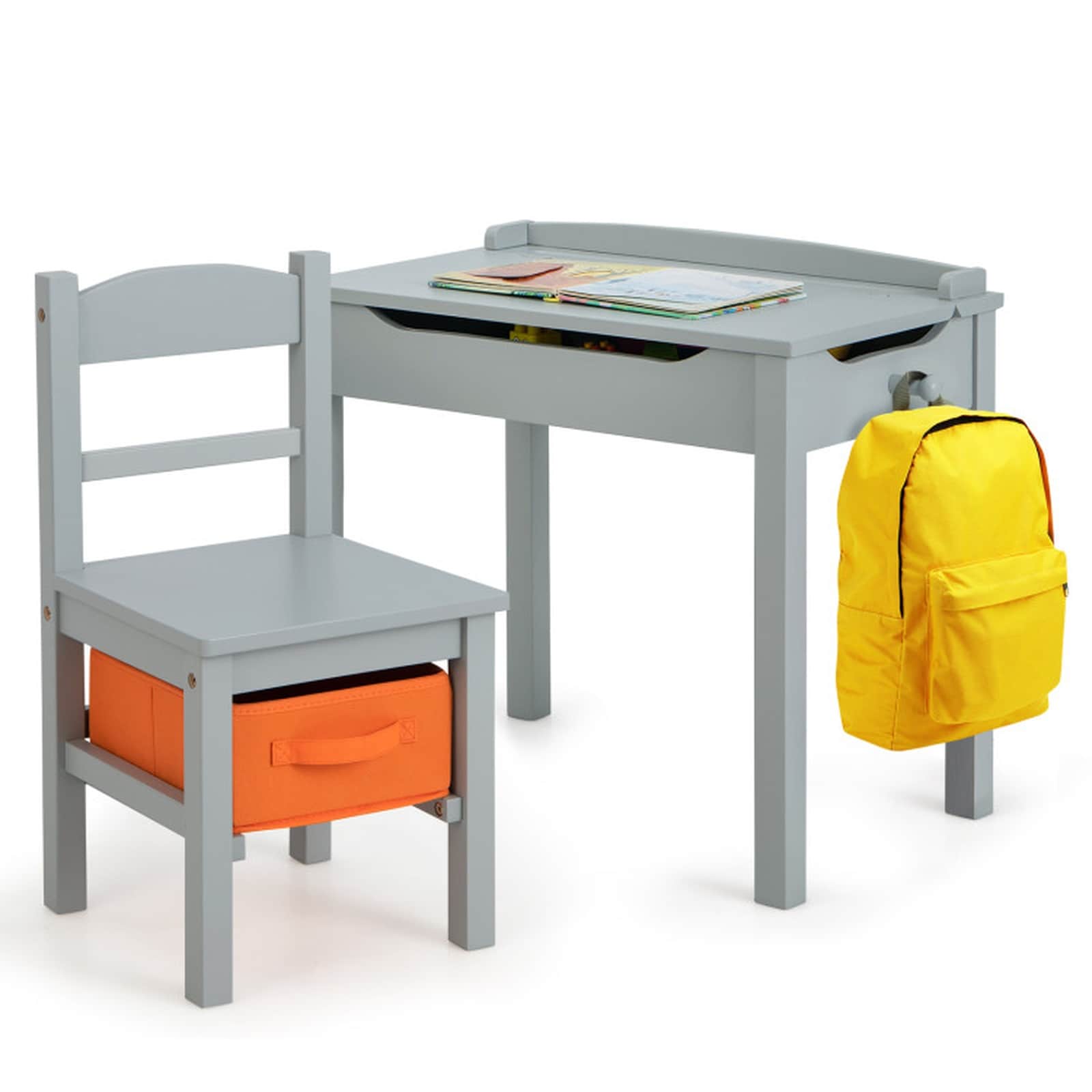 SUGIFT Wood Kids Desk and Chair Set with Flip-Top Storage - Solid Wood Activity Table with Slow-Dropping Hinge Side Hook Pen Slot for Ages 3+