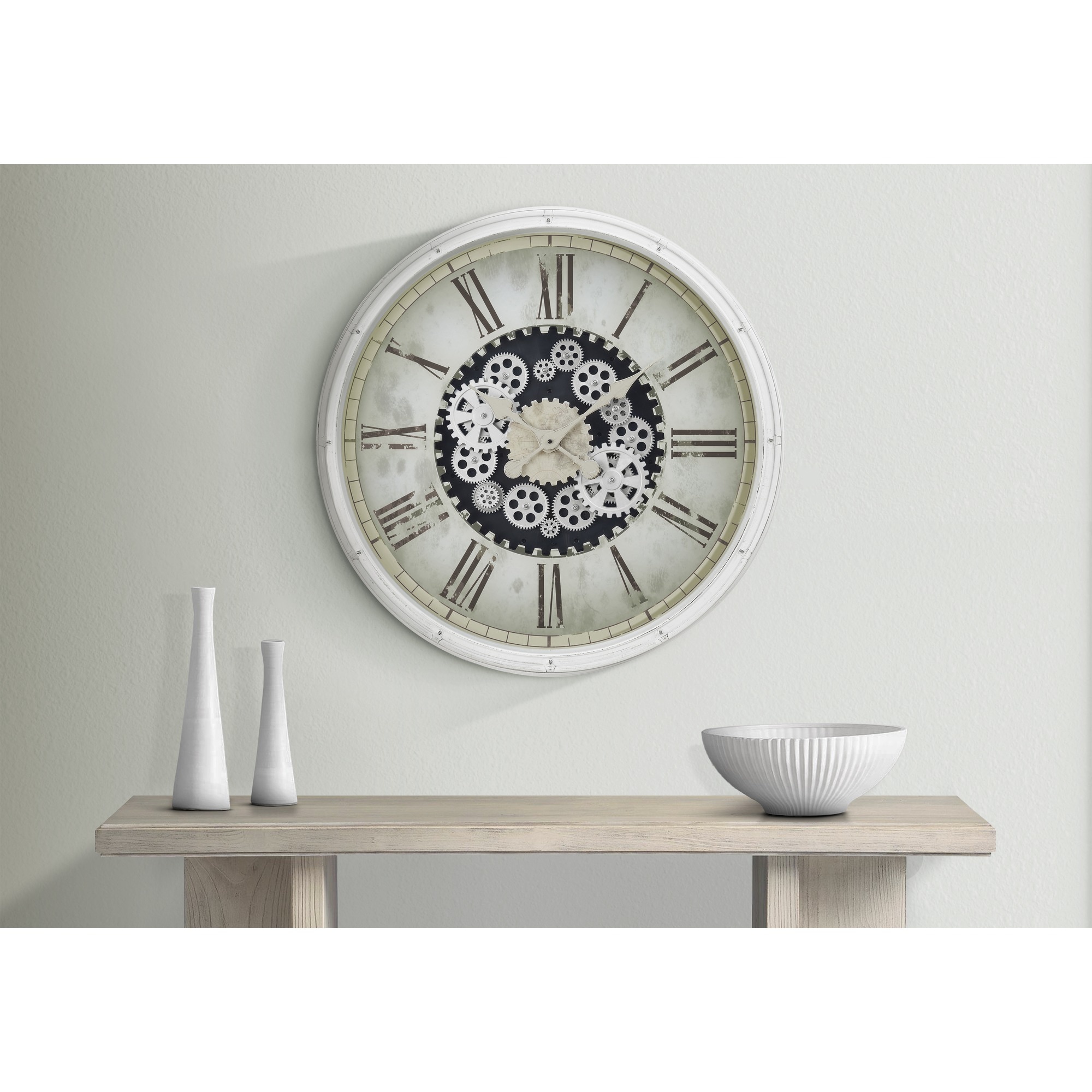 HyperDrop Cart 30-in Round White Transitional Oversized Wall Clock with Gear Mechanism
