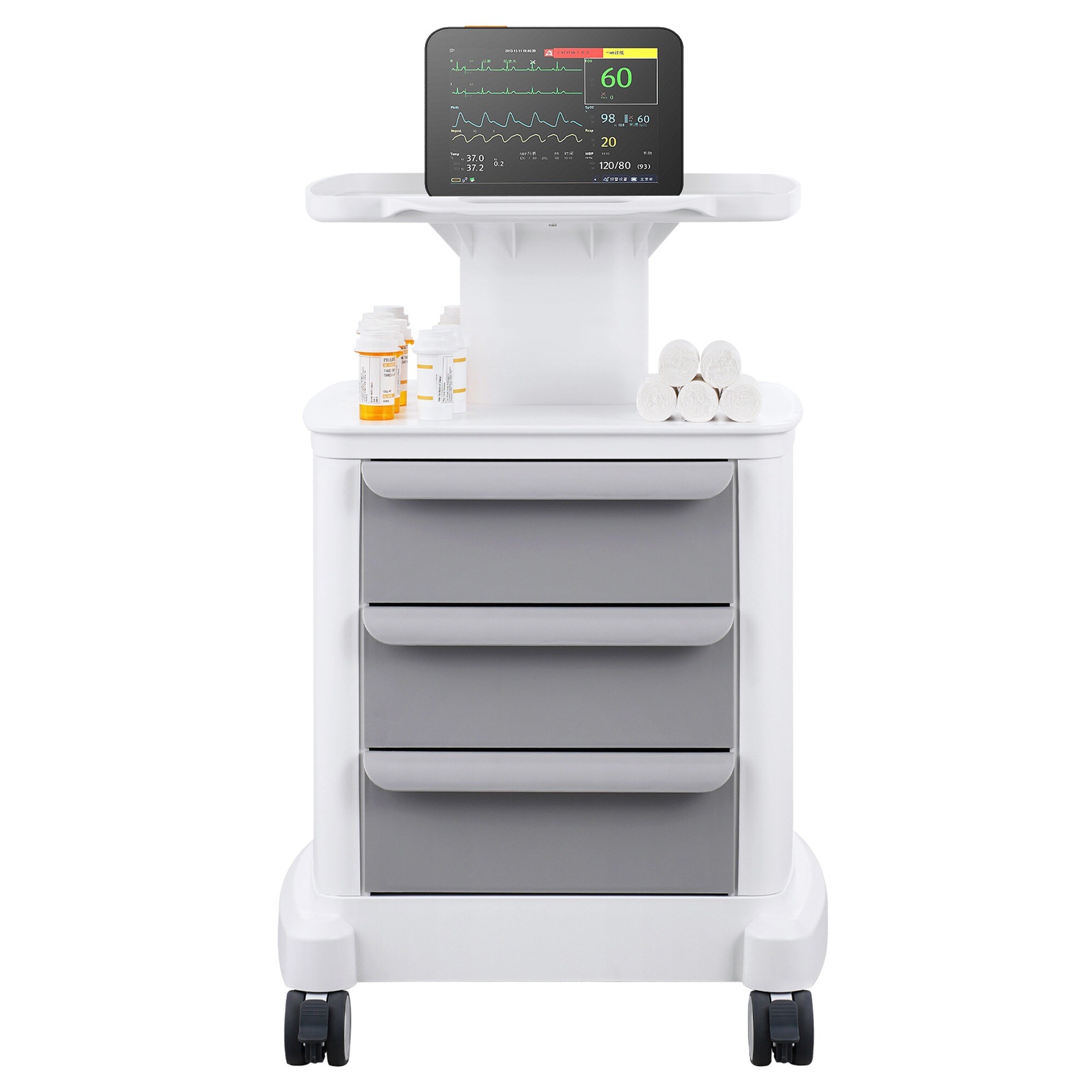 HyperDrop Cart ABS 4 Tier Lab Utility Cart with 3 Drawers 1 Top Tray Mobile Medical Rolling Cart with 4 Silent Wheels