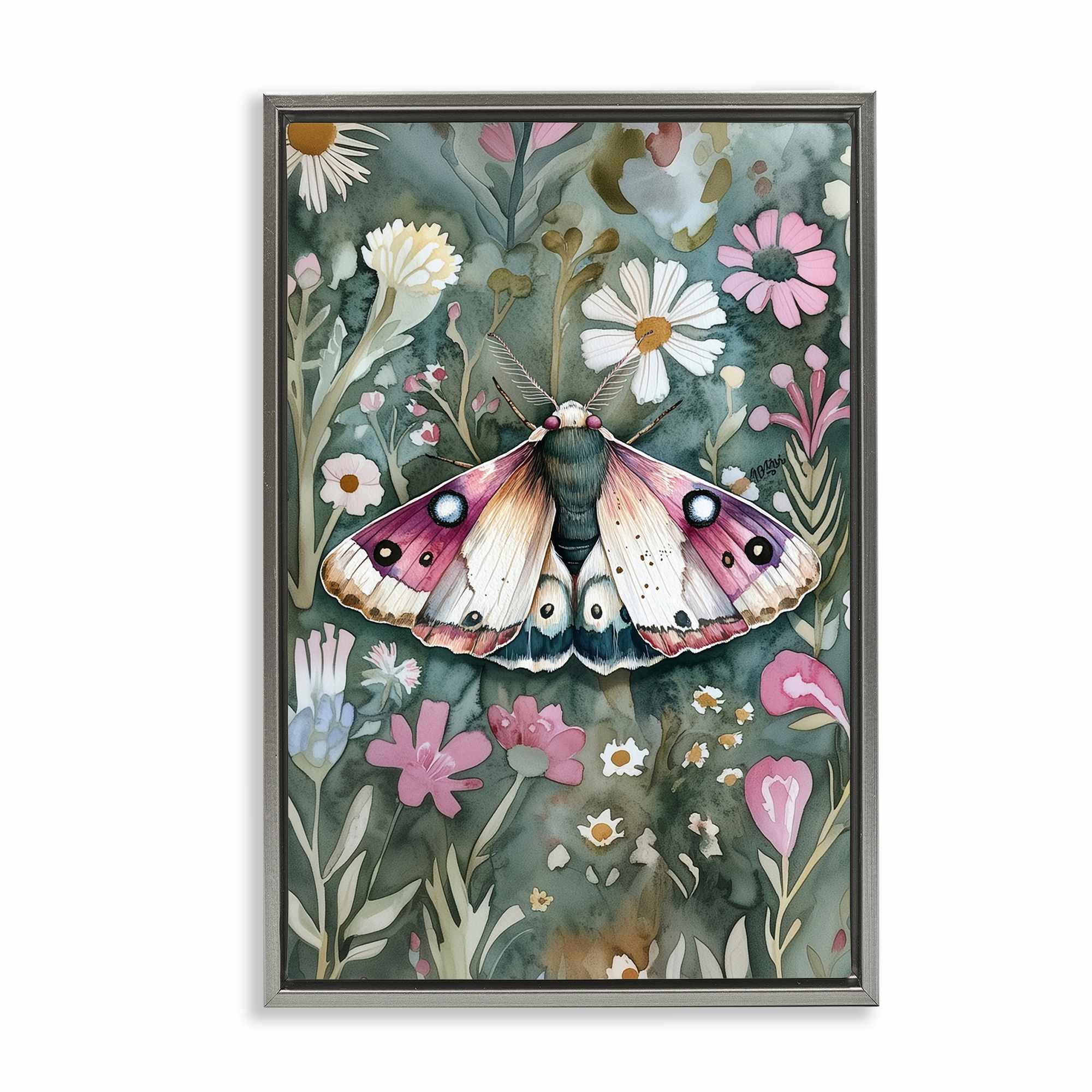Stupell Industries BT-868-FFL-20X30 Beautiful Moth over Florals Gray Framed Floater Canvas Wall Art By The Dutch Lady 21 x 31