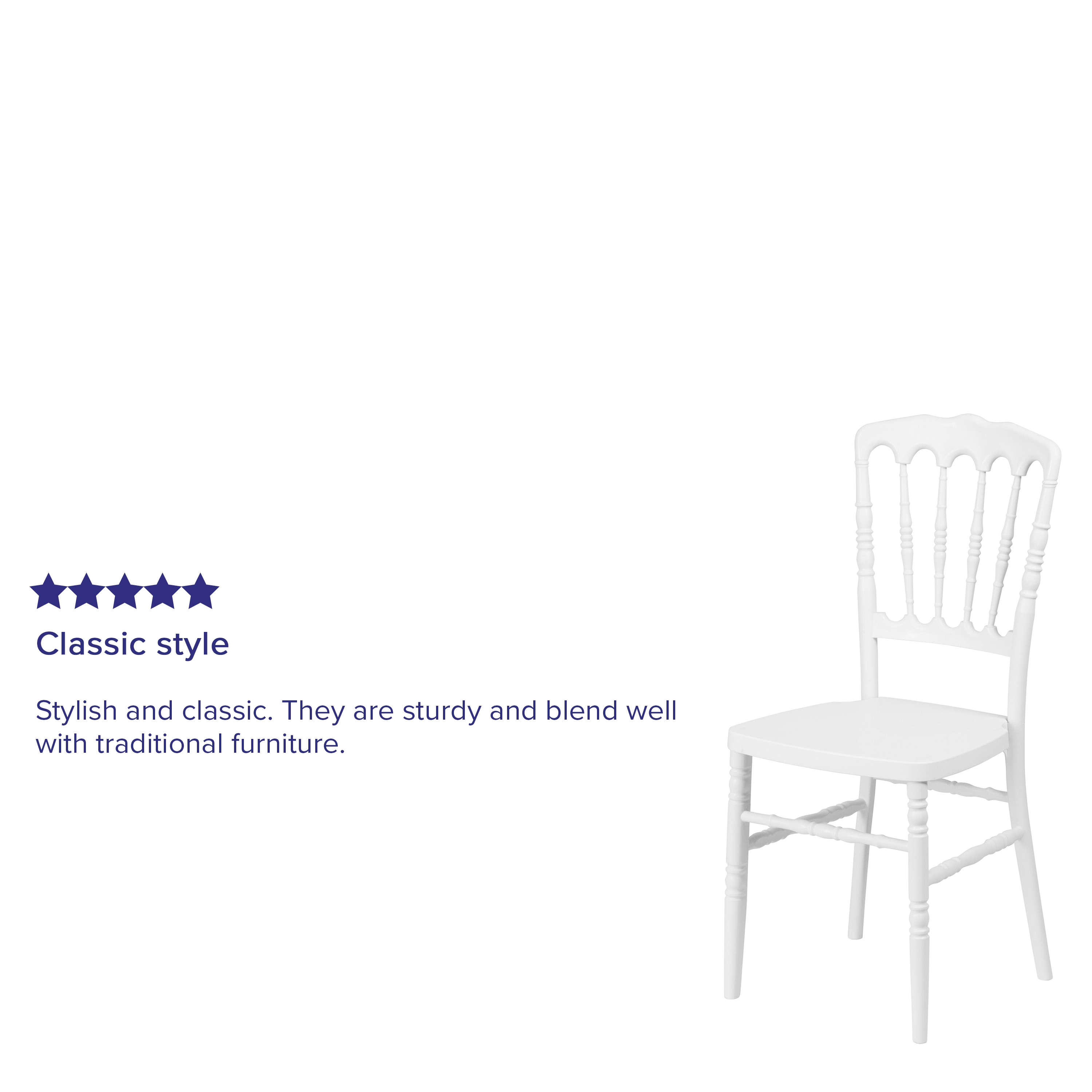 Elegant White Resin Spindle Napoleon Stacking Chair