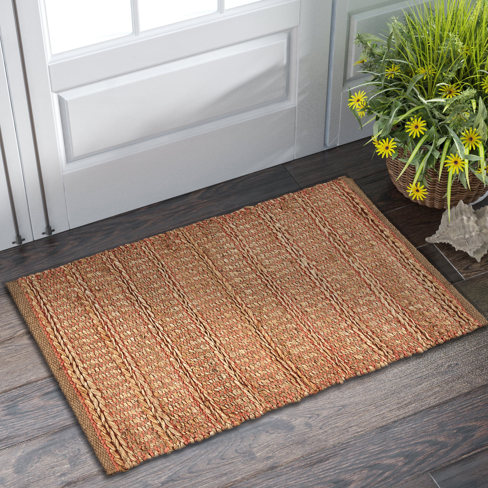 Handmade Tan and Coral Braided Jute Chenille Area Rug, 9' x 12'