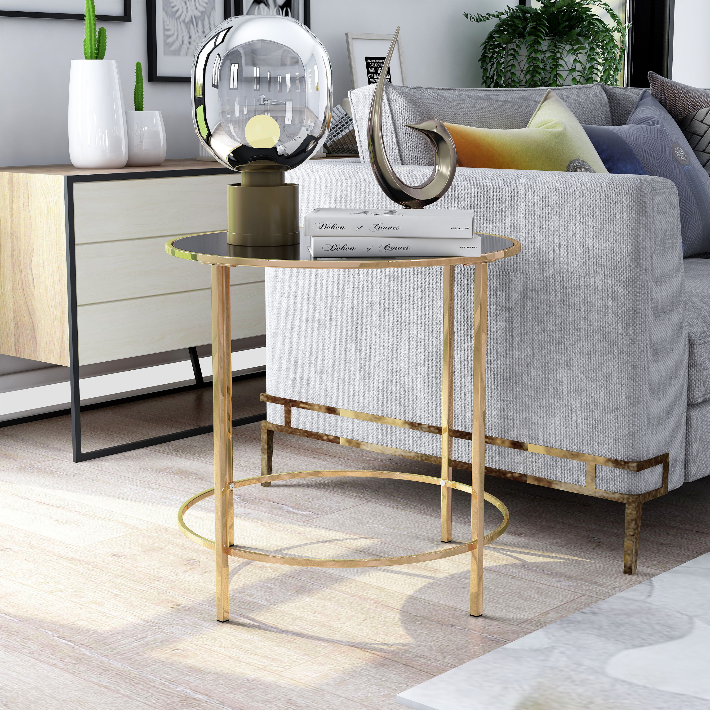 Furniture of America IDF-AC256CPN Whitwell 22-in W x 22-in H Champagne and Black Glass Round Modern End Table Assembly Required