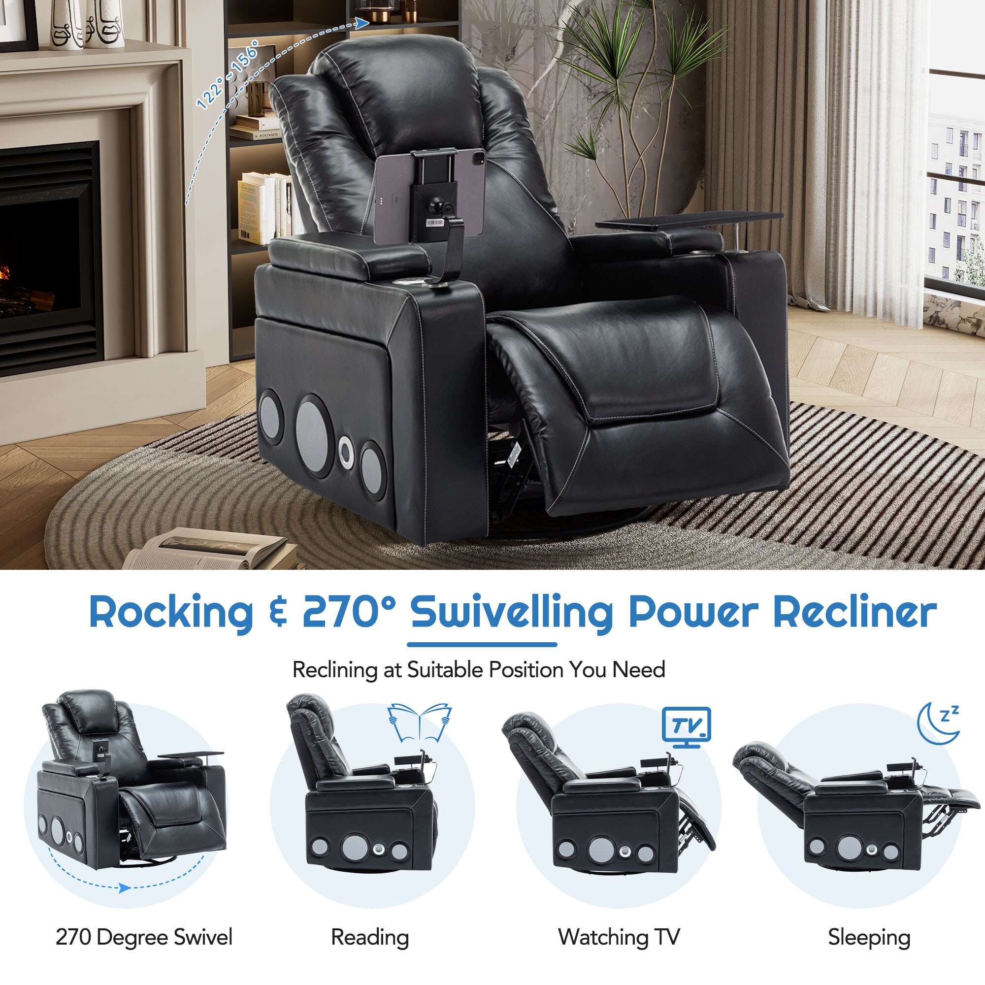 Infographic showing 270 degree swivel and recline positions