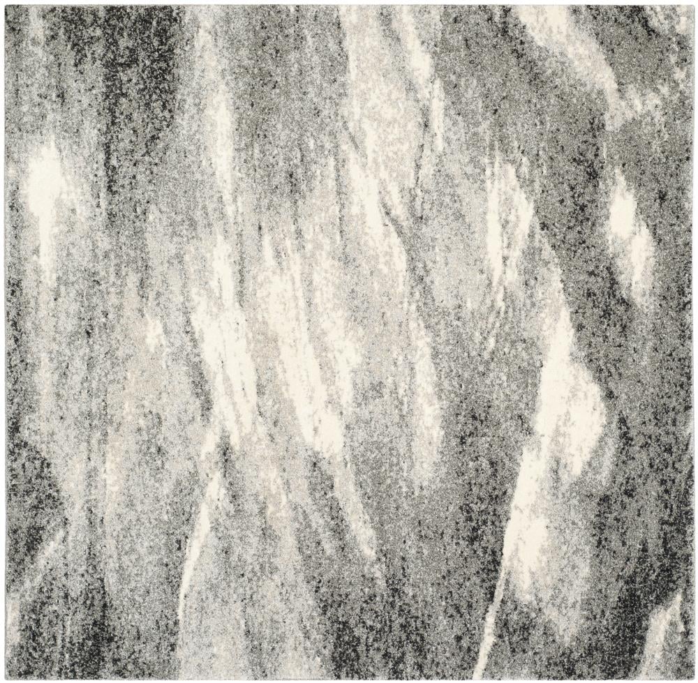 Grey and Ivory Abstract Square Shag Rug, 8' x 8'