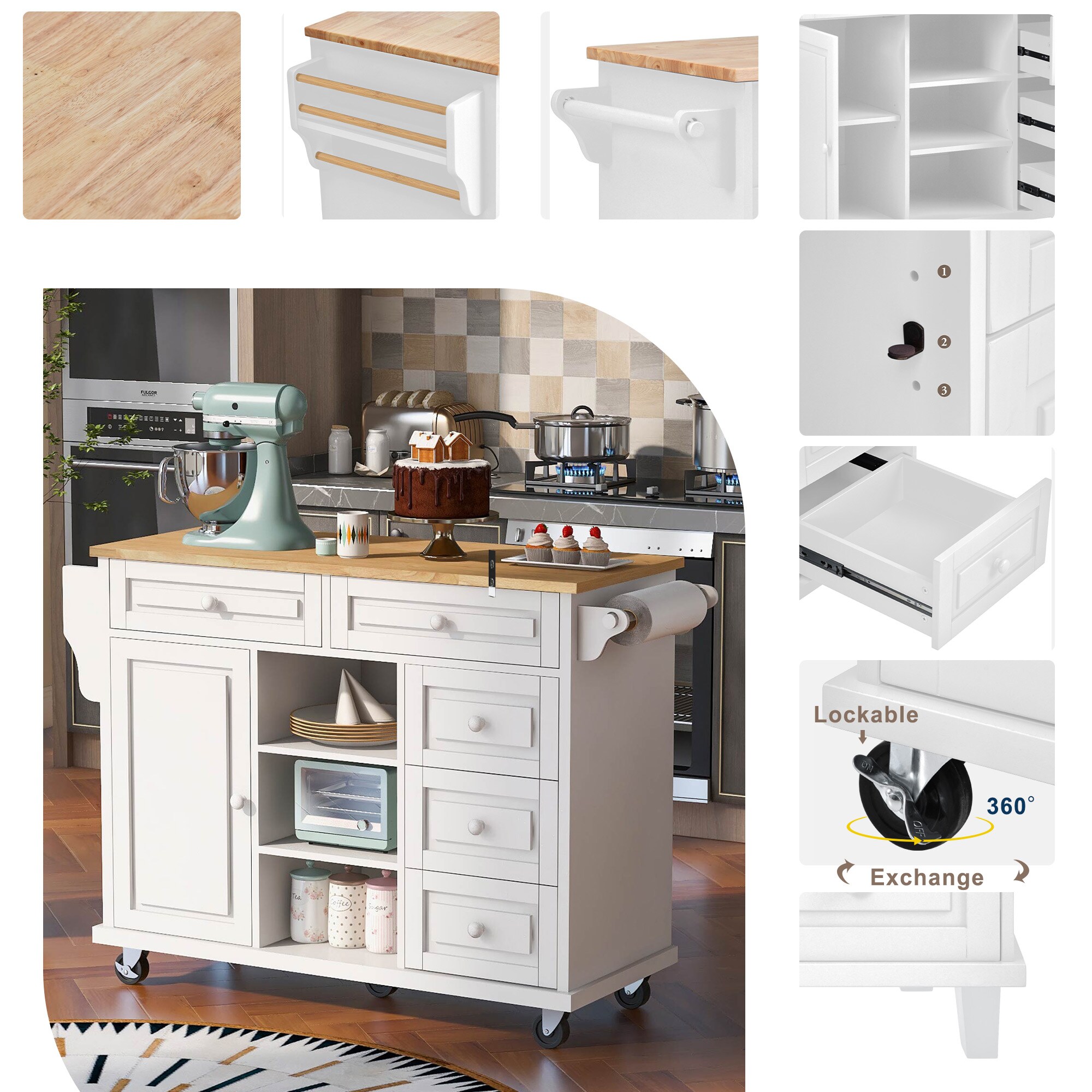 Miki Shinly White Mdf Base with Mdf Top Rolling Kitchen Island (29.5-in x 52.76-in x 36.81-in)
