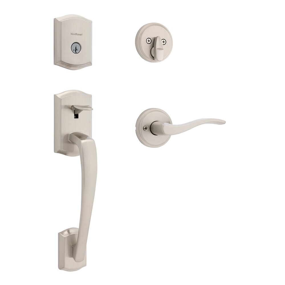Kwikset Signature Series Prescott Satin Nickel Exterior Single-Cylinder Deadbolt and Keyed Entry Door Handleset ft. SmartKey Security