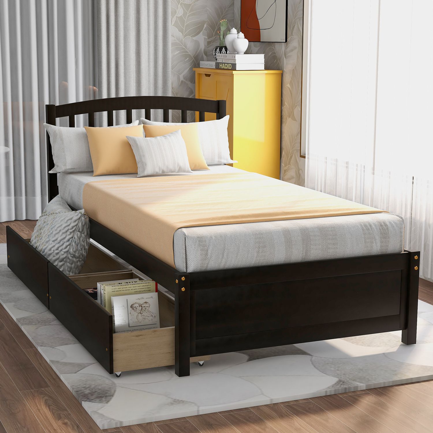 JASMODER WF194279AAP Espresso Twin Composite Platform Bed with Storage