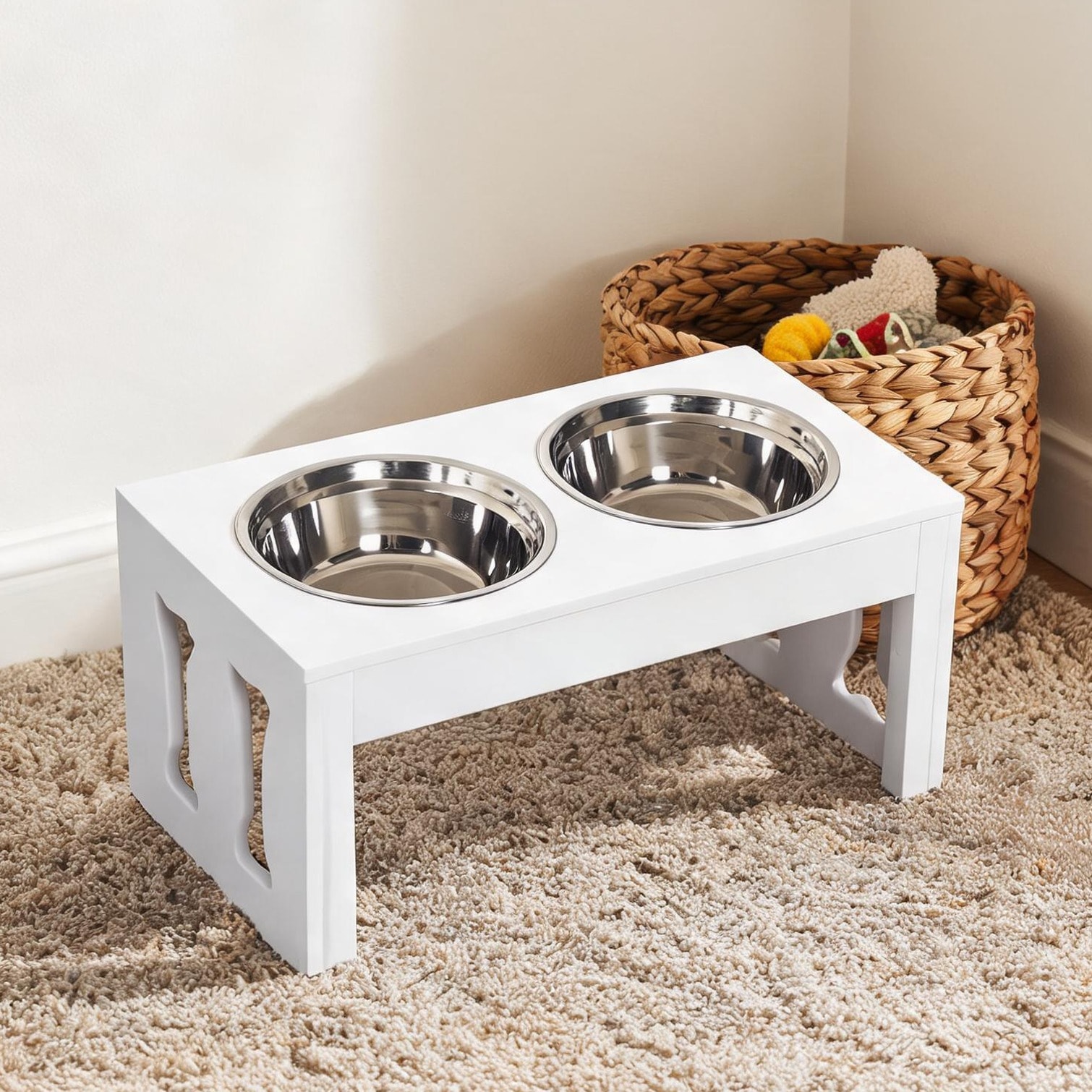 Tammesy White Modern Elevated Dog Feeding Station with Stainless Steel Bowls 23-Inch Stand for Healthier Mealtime
