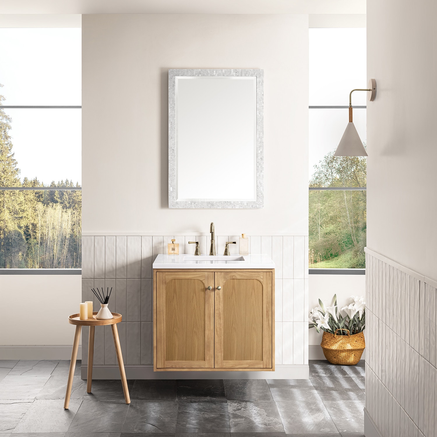 Light Natural Oak Wall-Mount Single Vanity with White Quartz Top