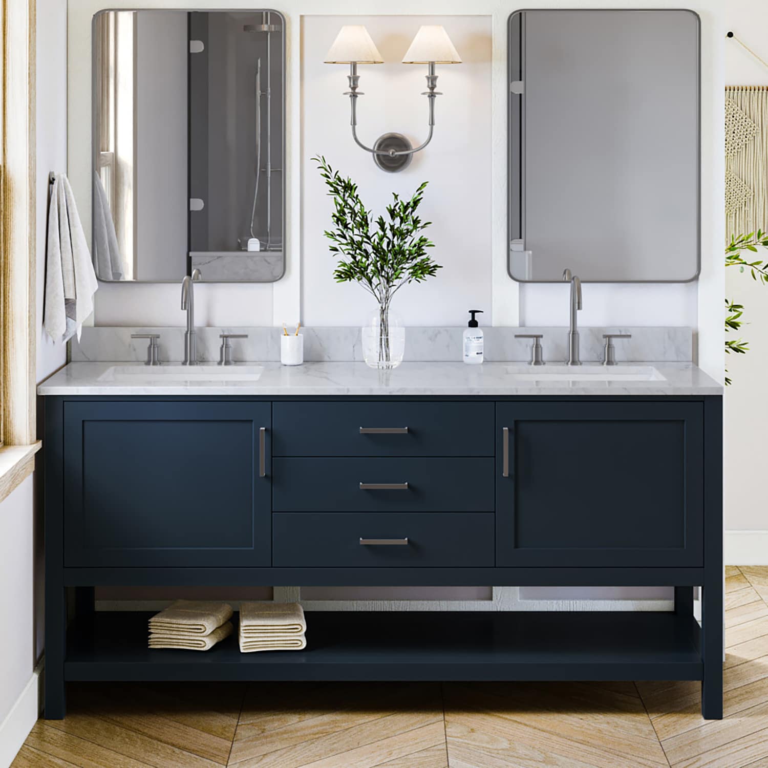 ARIEL R073DCW2RVOMNB Bayhill 73-in Midnight Blue Undermount Double sink Bathroom Vanity with 0.75" Carrara White Marble Natural marble Top