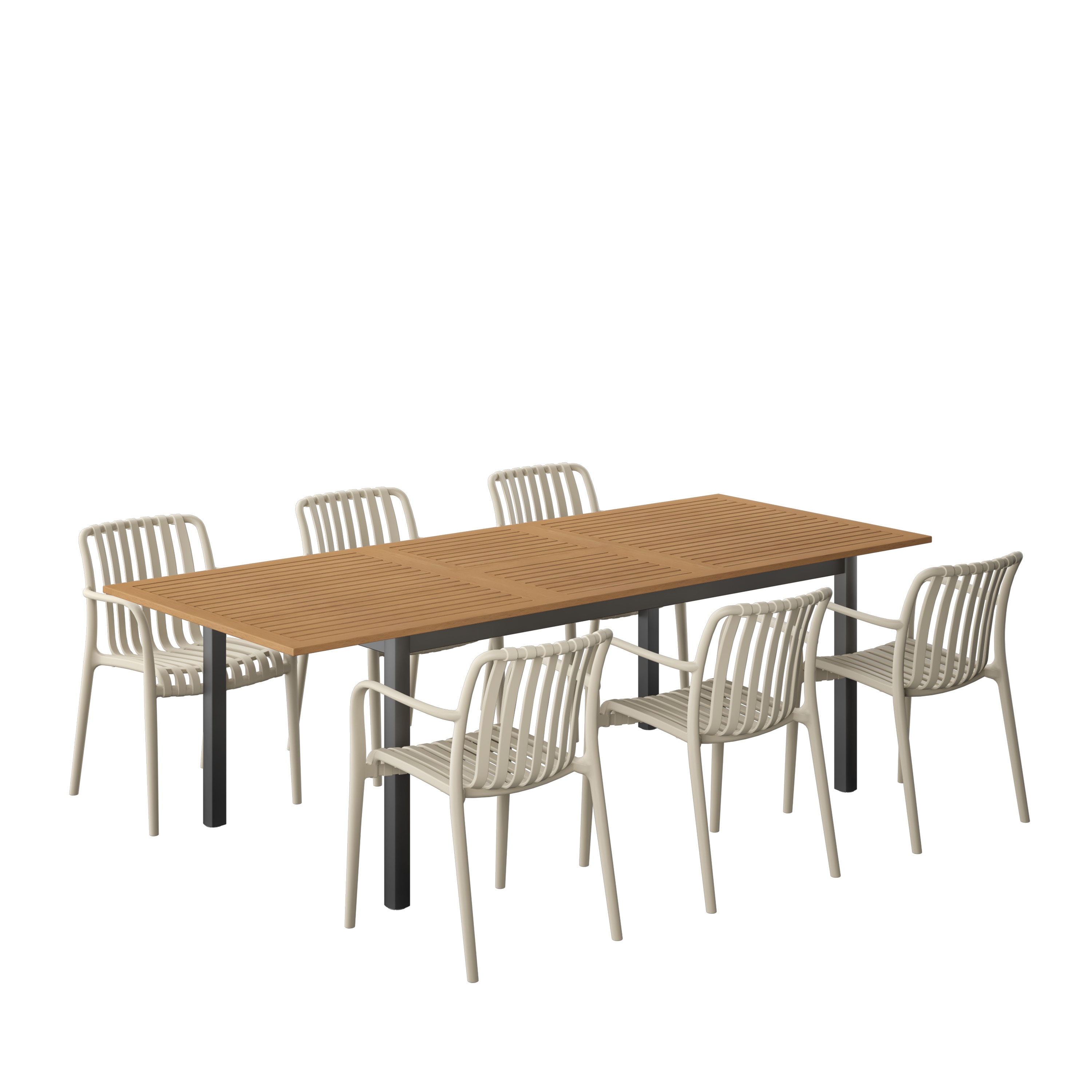 Amazonia LWS-IBIS-6-CURA-SD 7 -Piece Wood Patio Dining Set Extendable Table Wood Rectangle Table with 6 Stackable Stationary and Motion Chairs