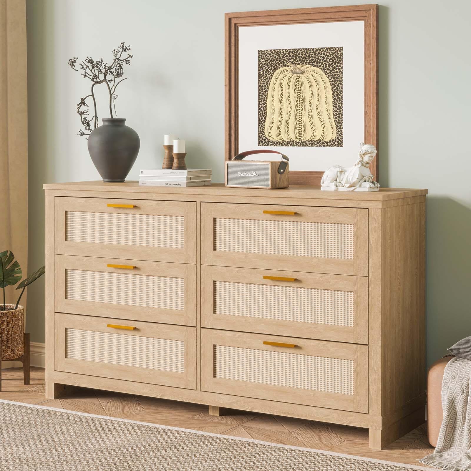 Qeetex NB-PHO34LQEGJY 6 Drawer Rattan Dresser Boho Modern Wood Chest with Ample Storage for Bedroom Closet and Living Room