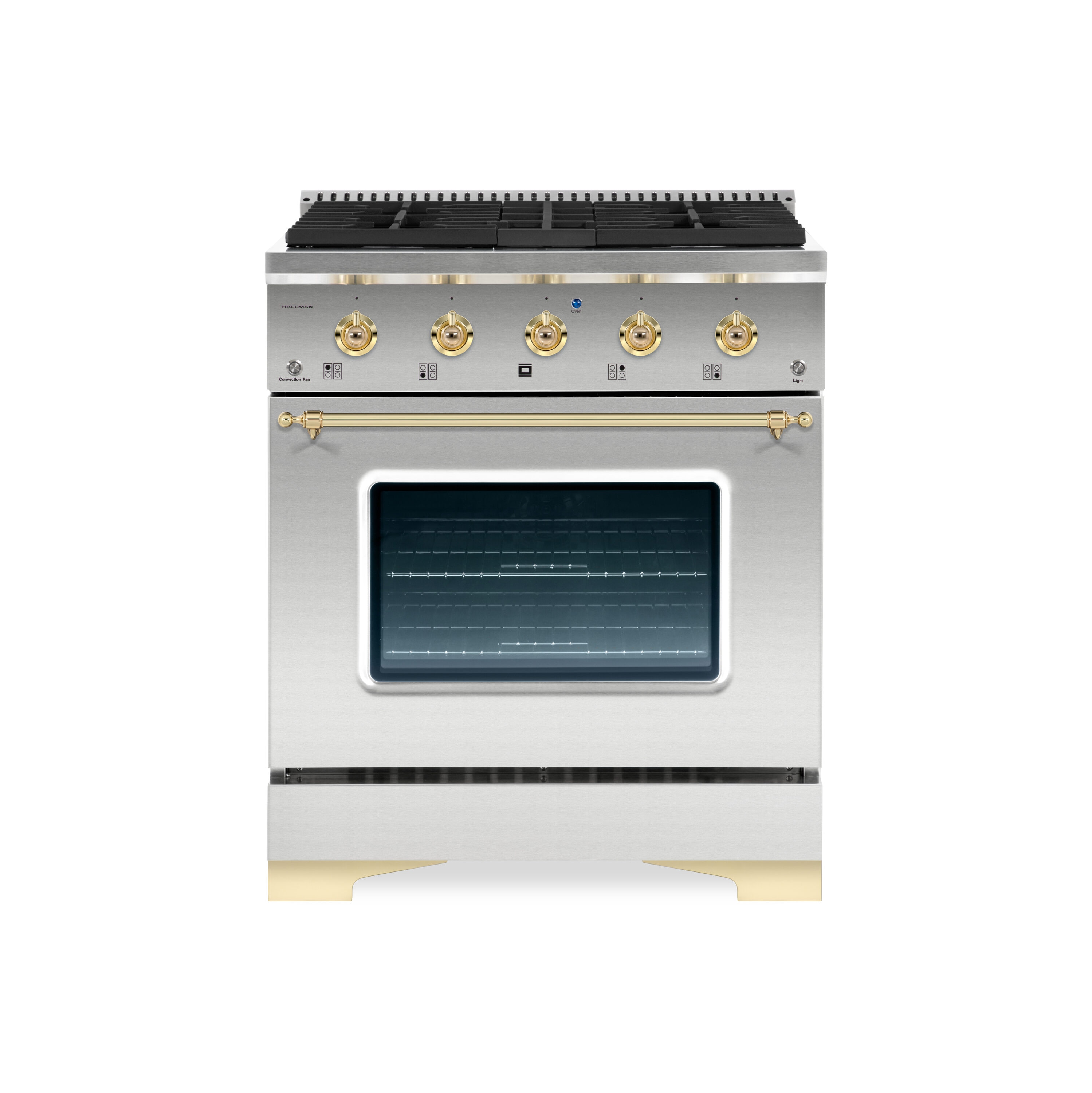 Hallman HCLRDF30BSSS CLASSICO 30in Freestanding Dual Fuel Range Gas Stove + Electric Oven, Stainless steel with Brass Trim