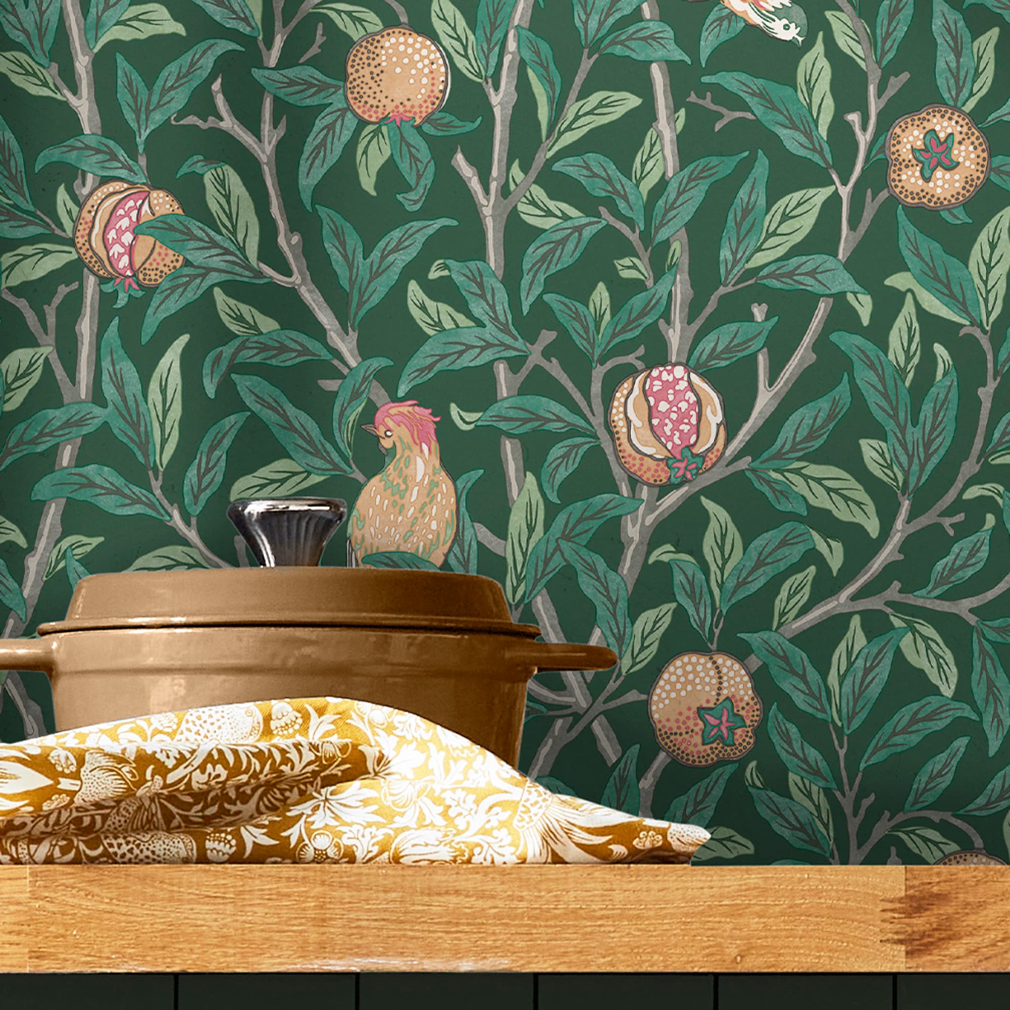 Deep Green Bird and Pomegranate Wallpaper Roll