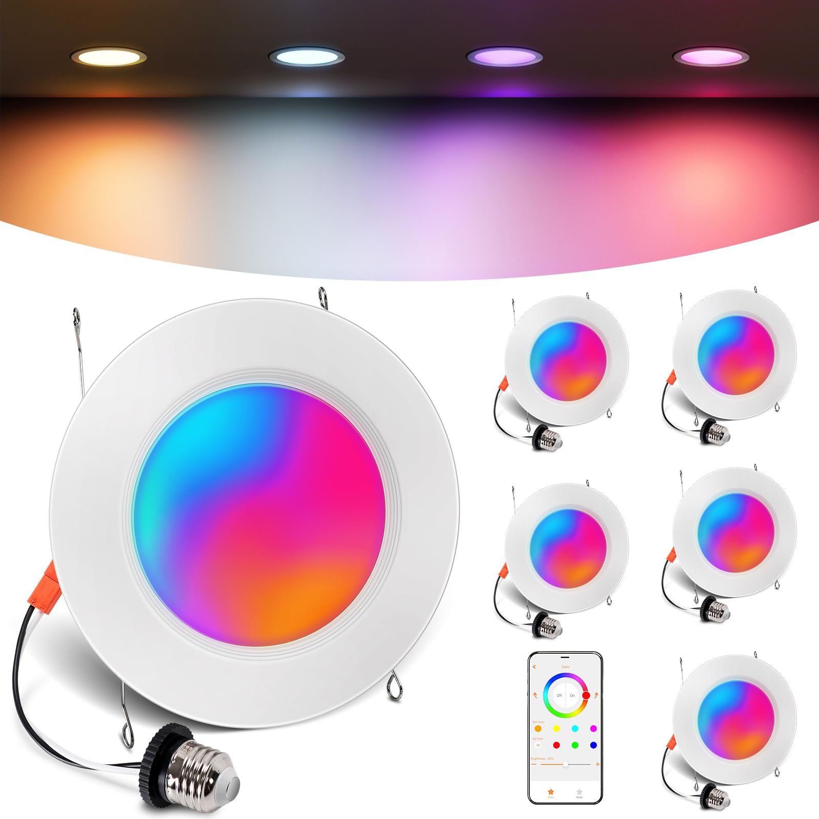 Anqtovp  Smart Recessed Lighting 6 Inch RGBCW Color Changing Bluetooth Connect Flicker Free 13W 1300LM Dimmable Retrofit Downlight Works with