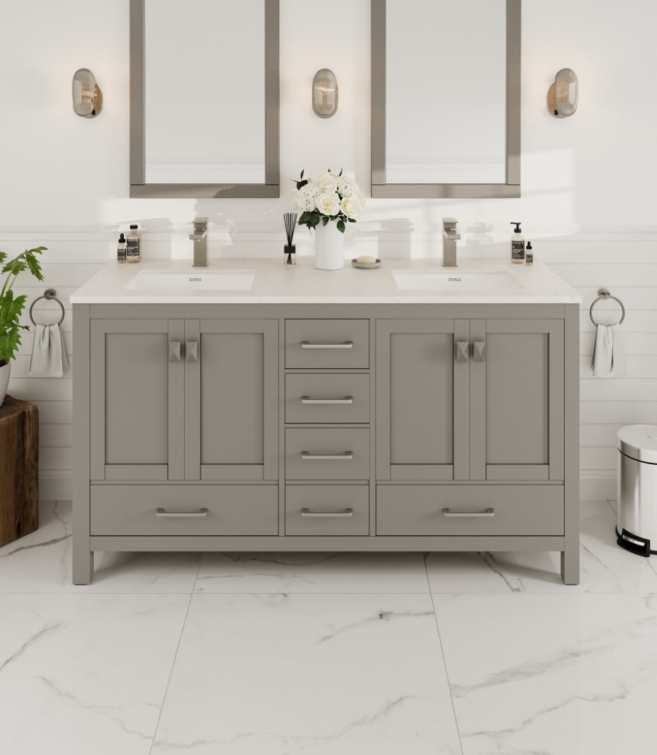 Gray Double Sink Bathroom Vanity with White Quartz Countertop