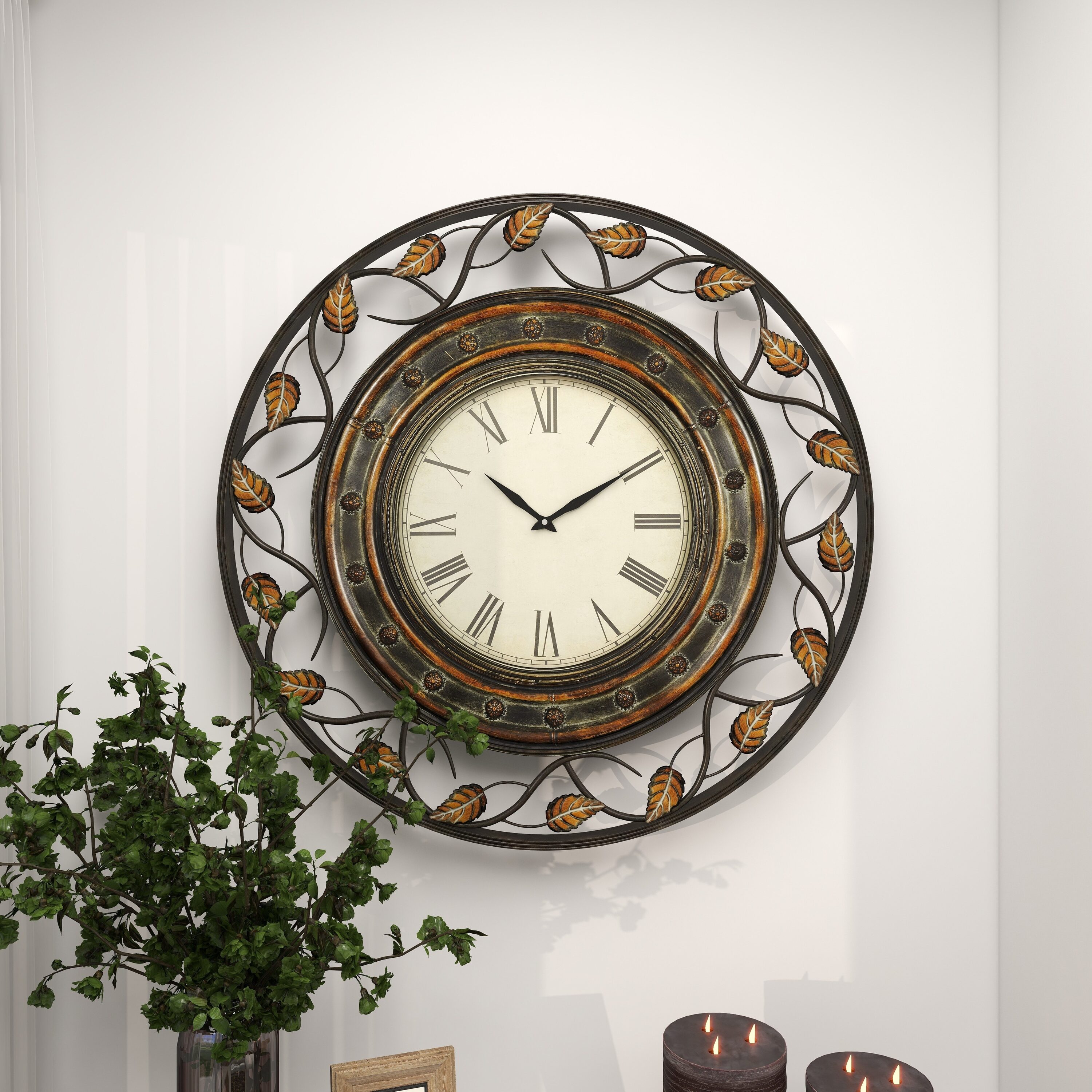 36'' Brown Metal Leaf Medallion Wall Clock with Scrolled Vines