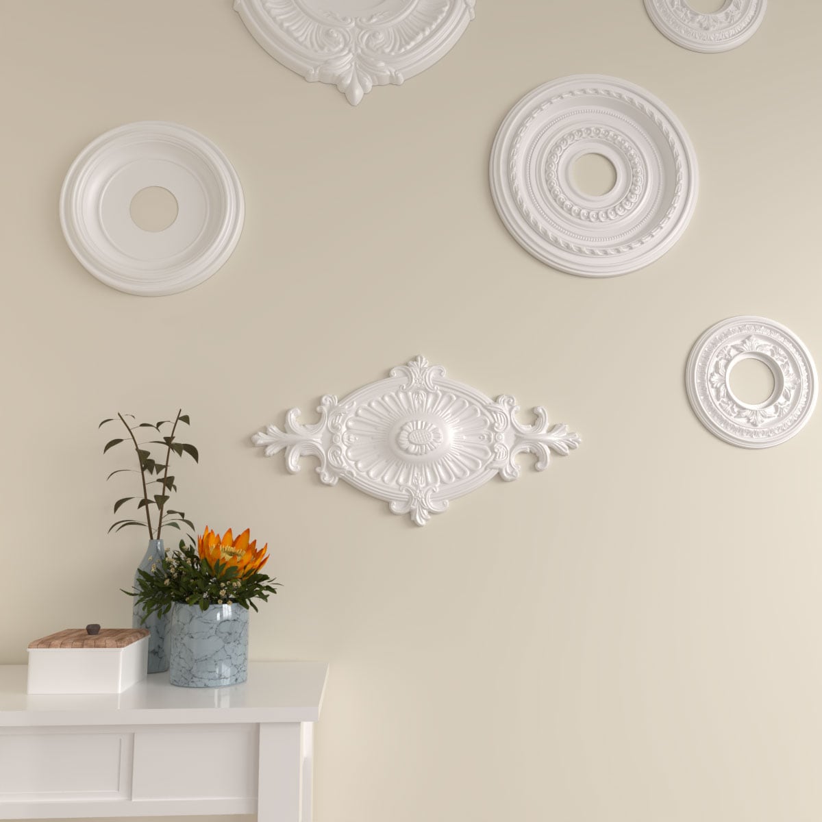 Primed White Polyurethane Rose and Ribbon Ceiling Medallion