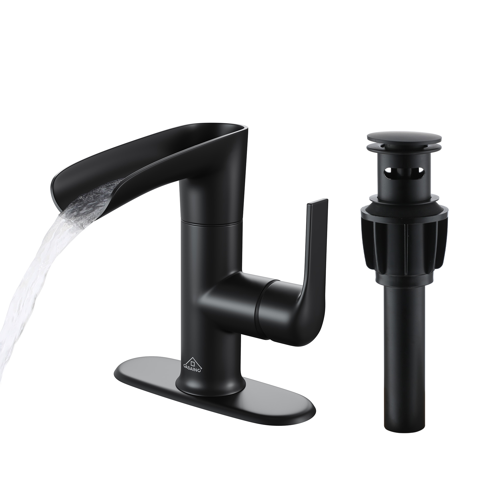 CASAINC KCLT0034MB Filtered Basin Faucet Matte Black Single hole 1-handle Waterfall Commercial/Residential Handle Bathroom Sink Faucet with Drain with Deck Plate